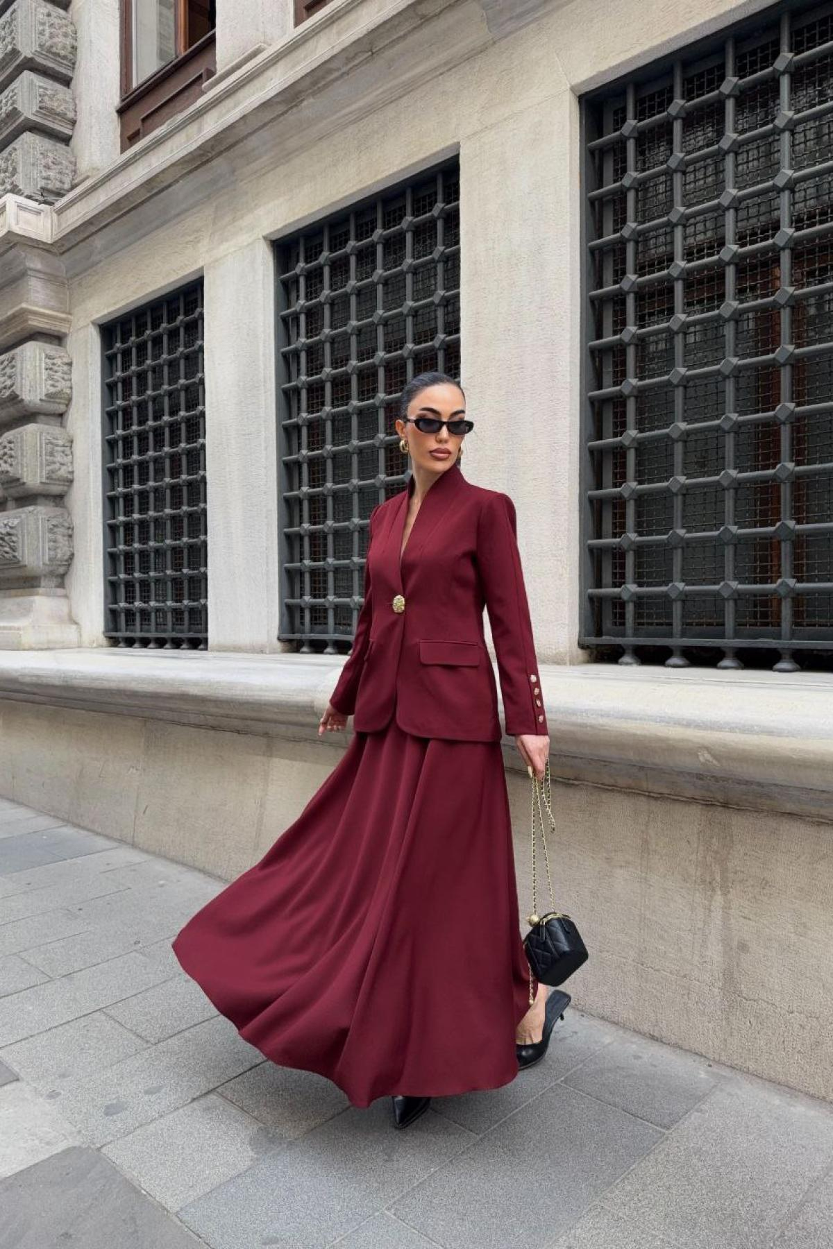 Wholesale Women Burgundy Two Piece Suit Blazer and Skirt Set 737324