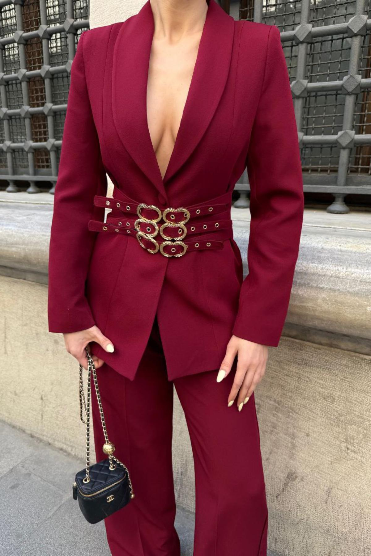 Wholesale Women Burgundy Two Piece Suit Blazer and Pants Set 737348