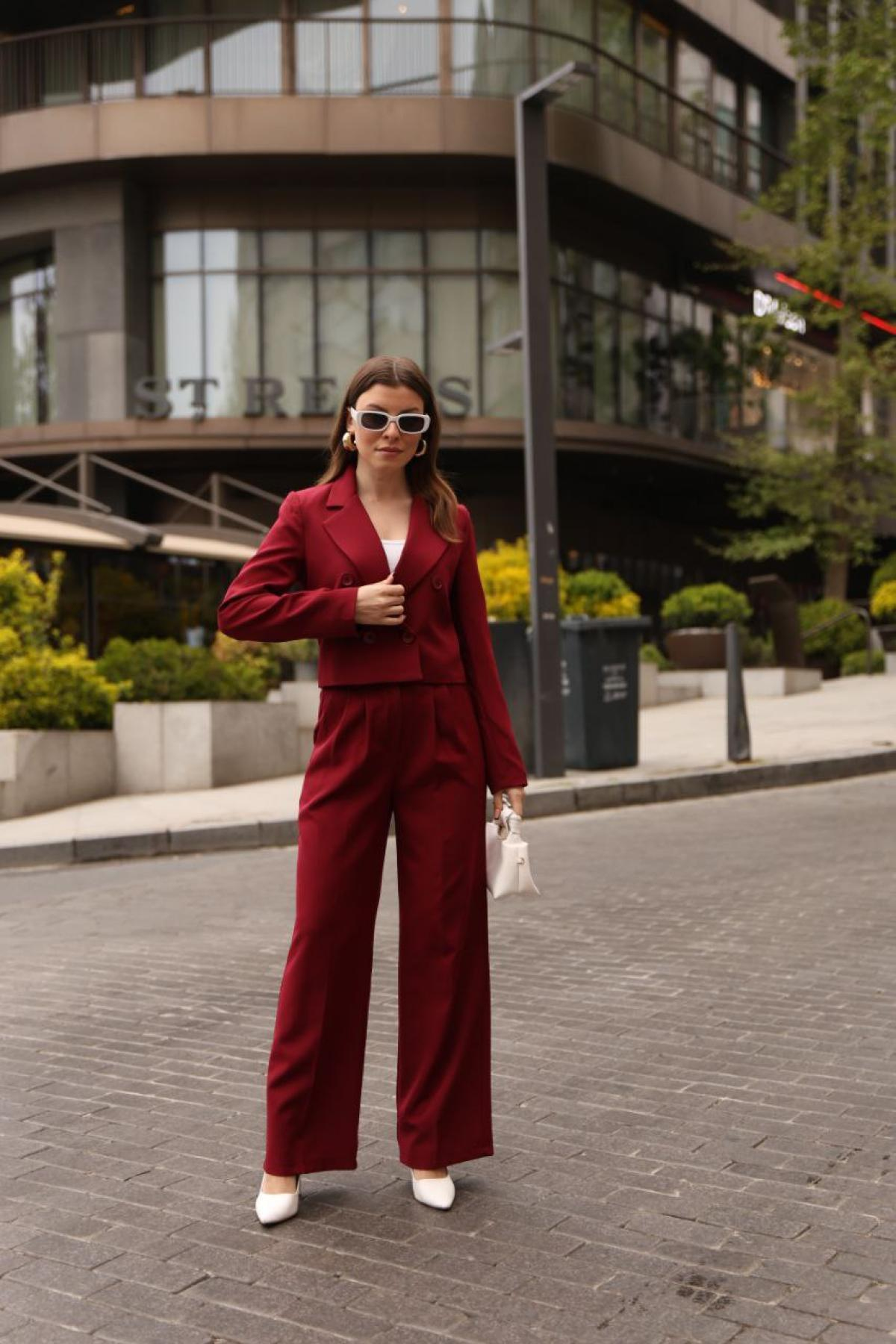Wholesale Women Burgundy Two Piece Suit Blazer and Pants Set 737334