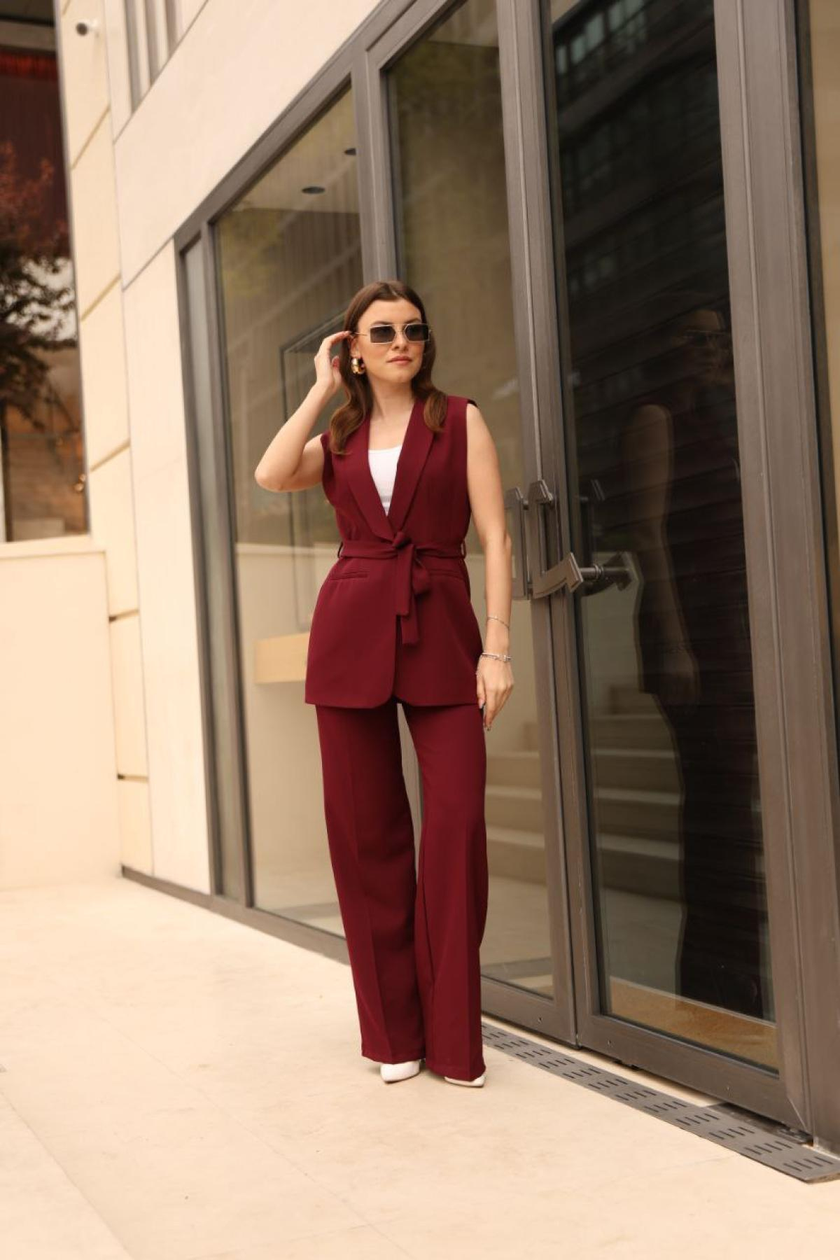 Wholesale Women Burgundy Two Piece Suit Vest and Pants Set 737340
