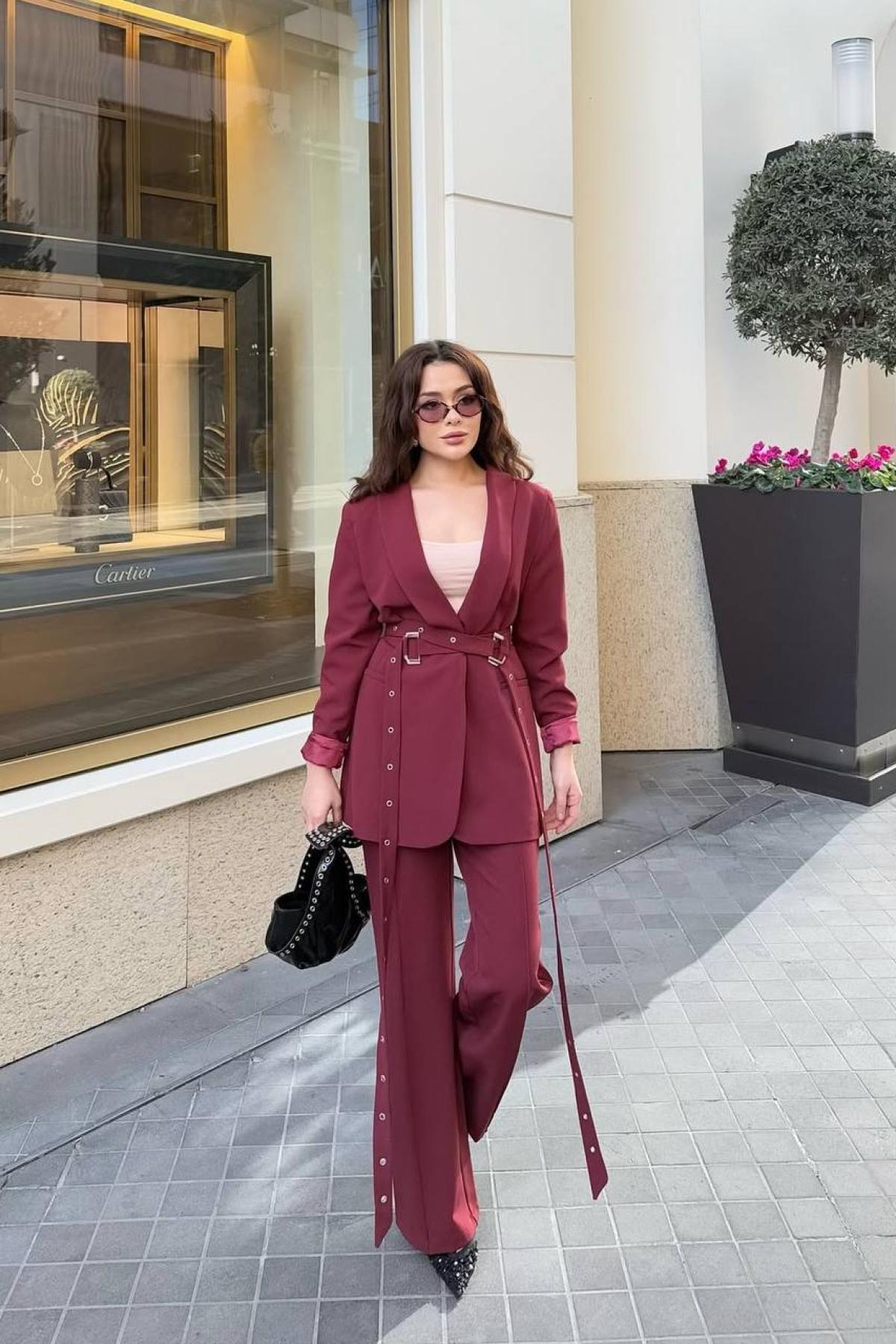 Wholesale Women Burgundy Two Piece Suit Blazer and Pants Set 728498