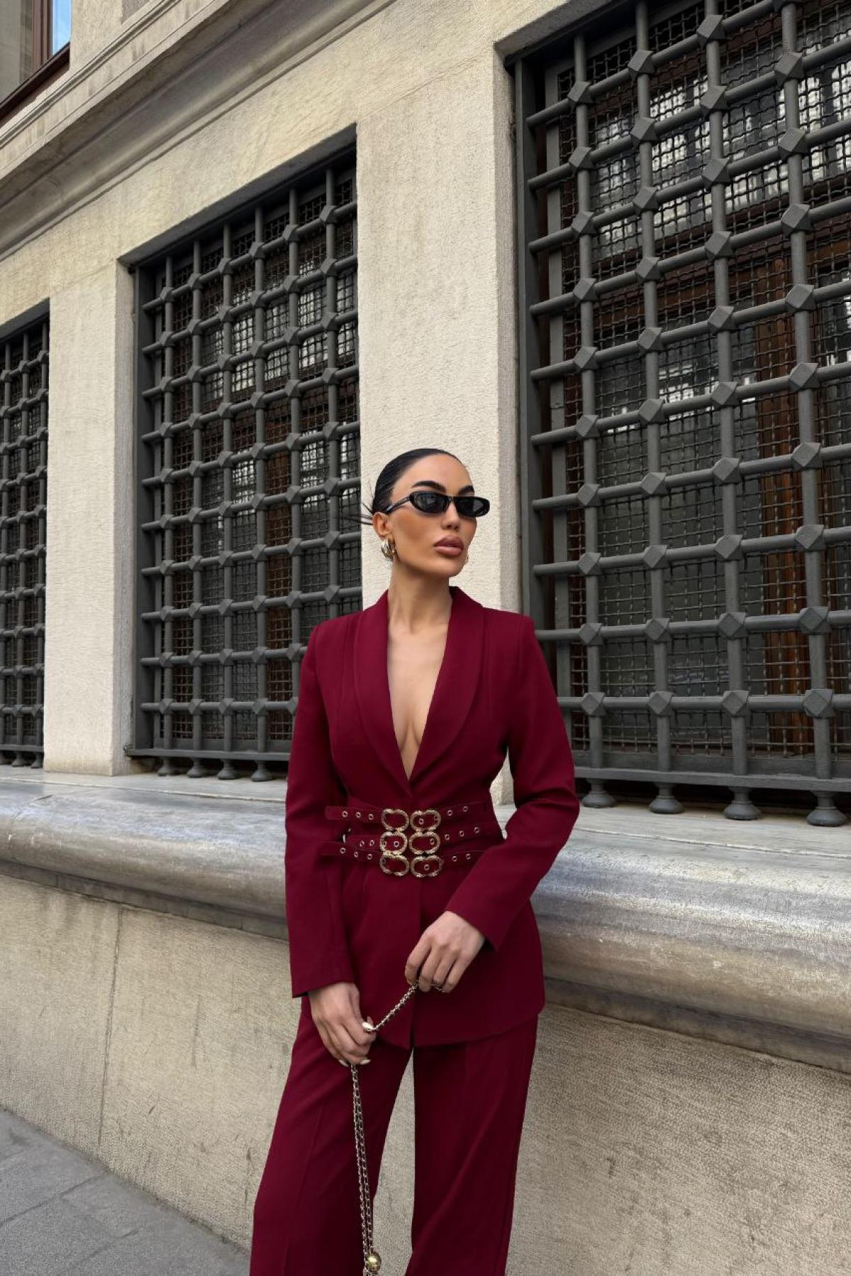 Wholesale Women Burgundy Two Piece Suit Blazer and Pants Set 737348