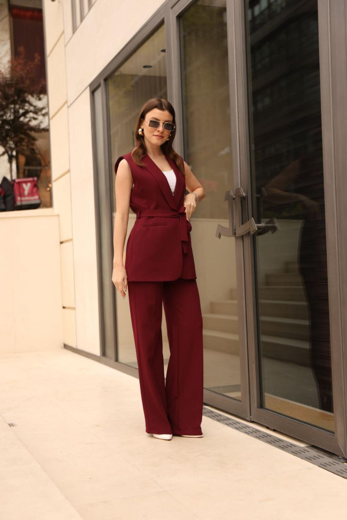 Wholesale Women Burgundy Two Piece Suit Vest and Pants Set 737340