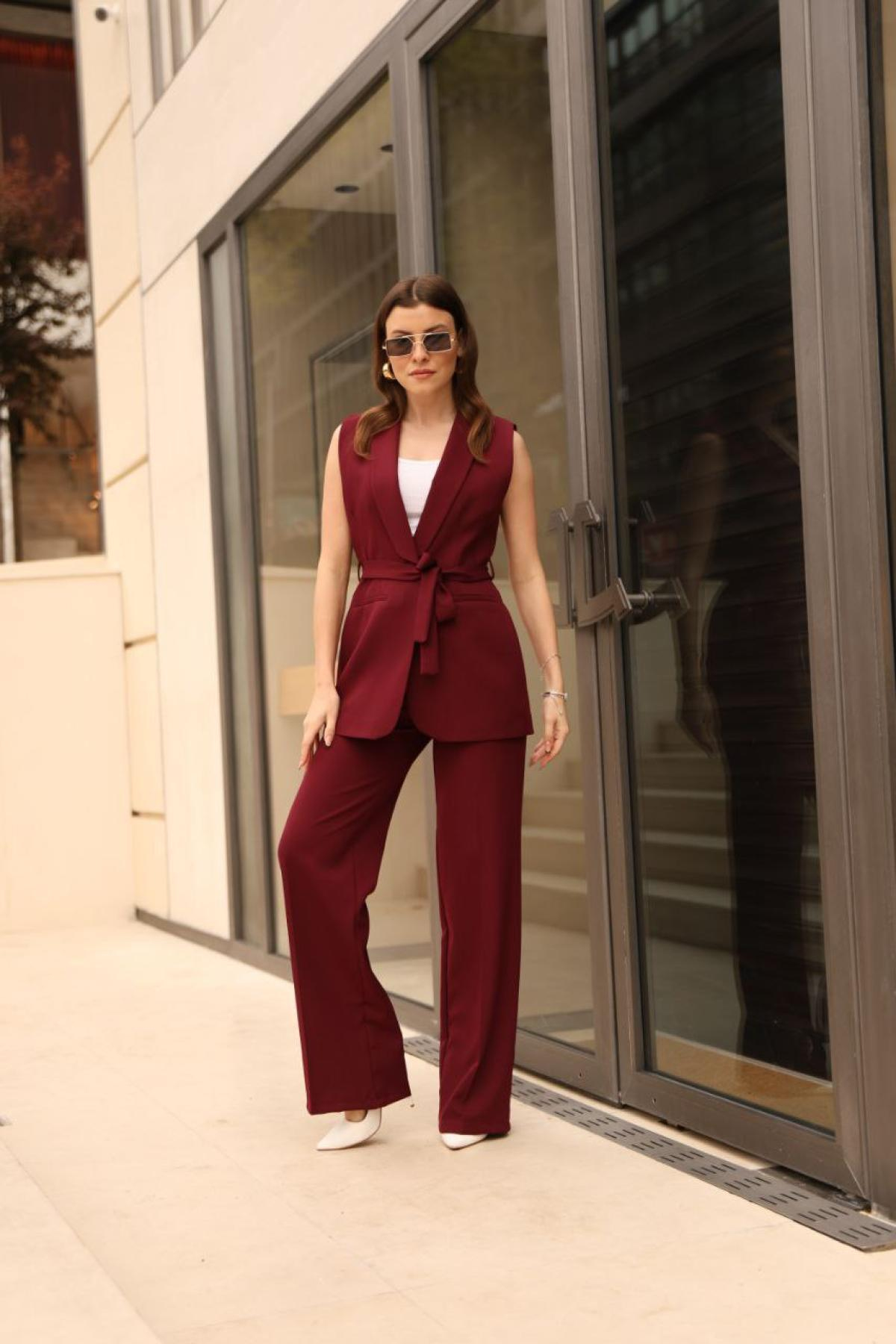 Wholesale Women Burgundy Two Piece Suit Vest and Pants Set 737340