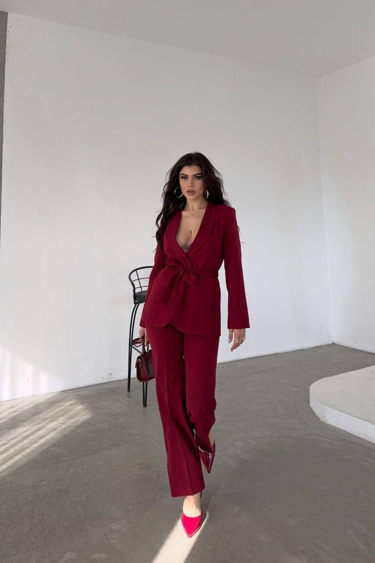 Wholesale Women Burgundy Two Piece Suit Blazer and Pants Set 728483