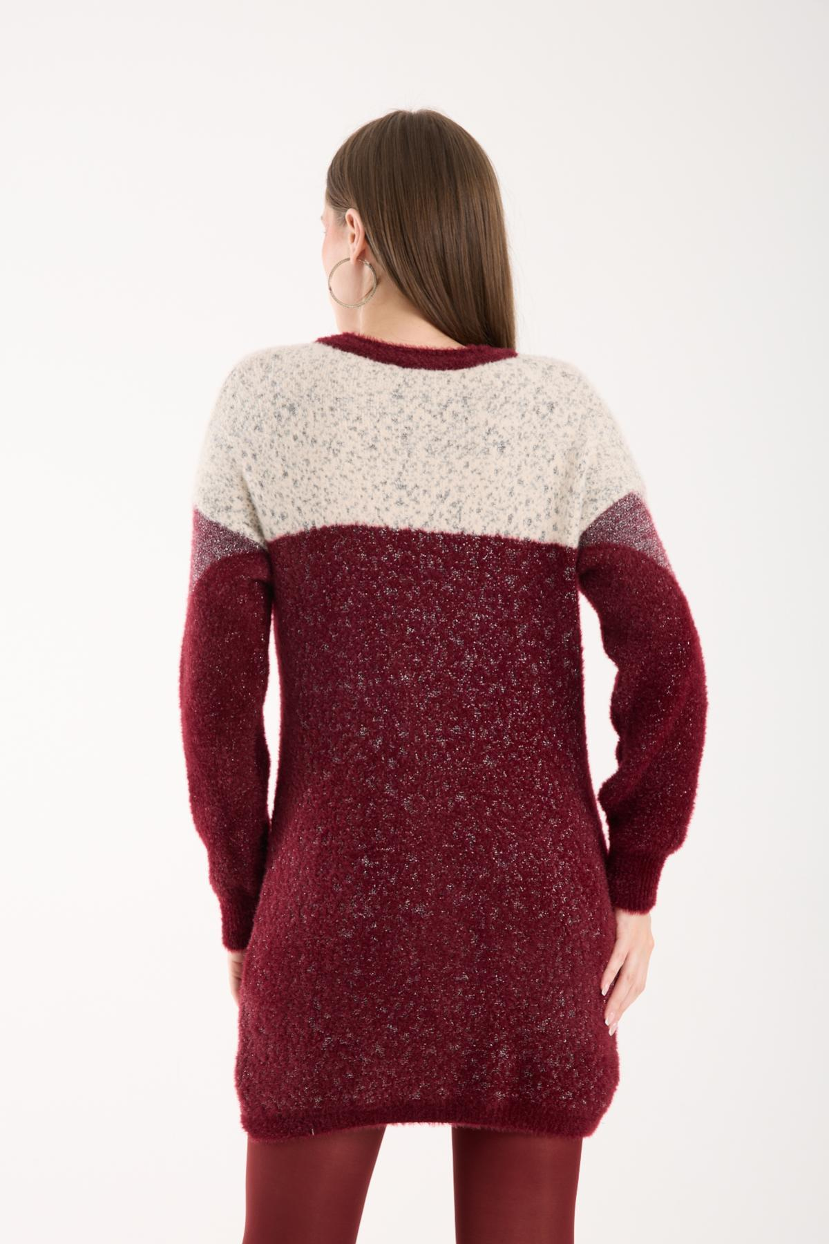Wholesale Women Burgundy Two-Tone Crew-Neck Lurex Knit Blouse 738869