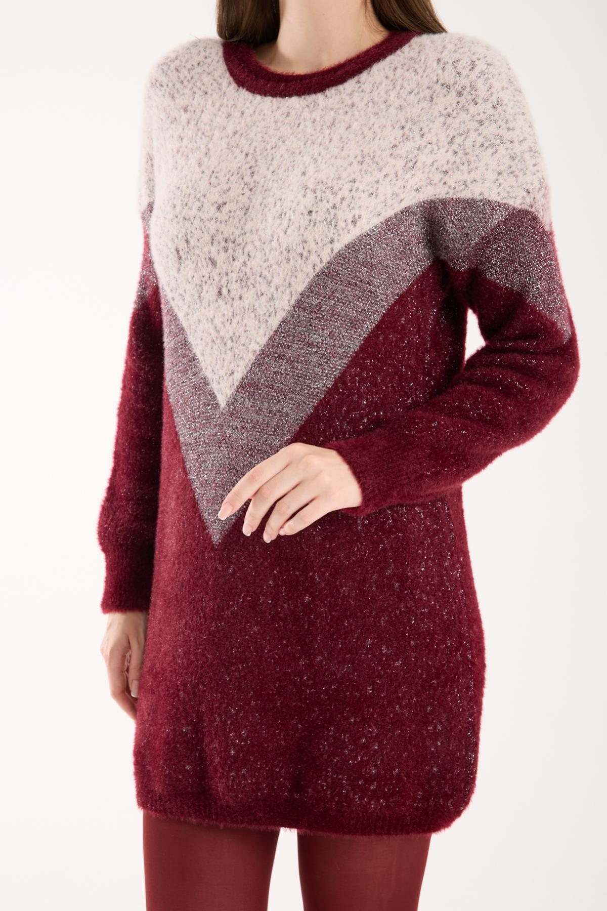 Wholesale Women Burgundy Two-Tone Crew-Neck Lurex Knit Blouse 738869