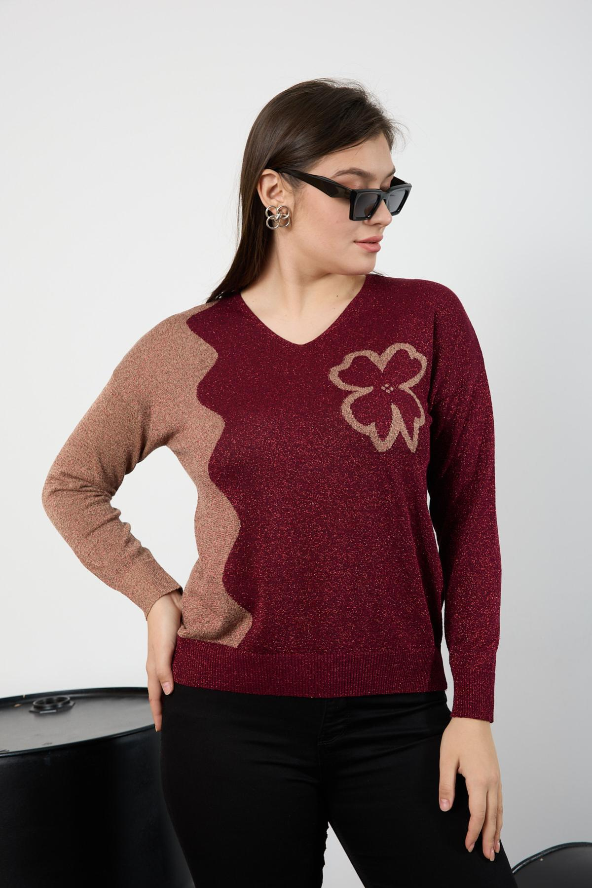 Wholesale Women Burgundy Two Tone Glittery V-Neck Knit Blouse 725242