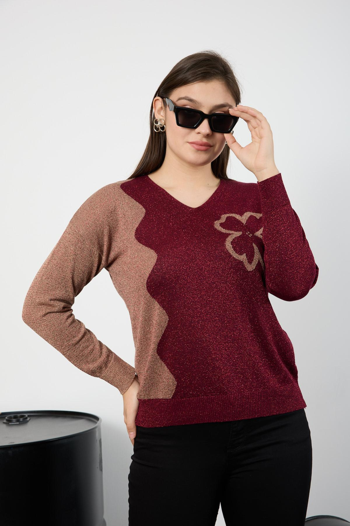 Wholesale Women Burgundy Two Tone Glittery V-Neck Knit Blouse 725242
