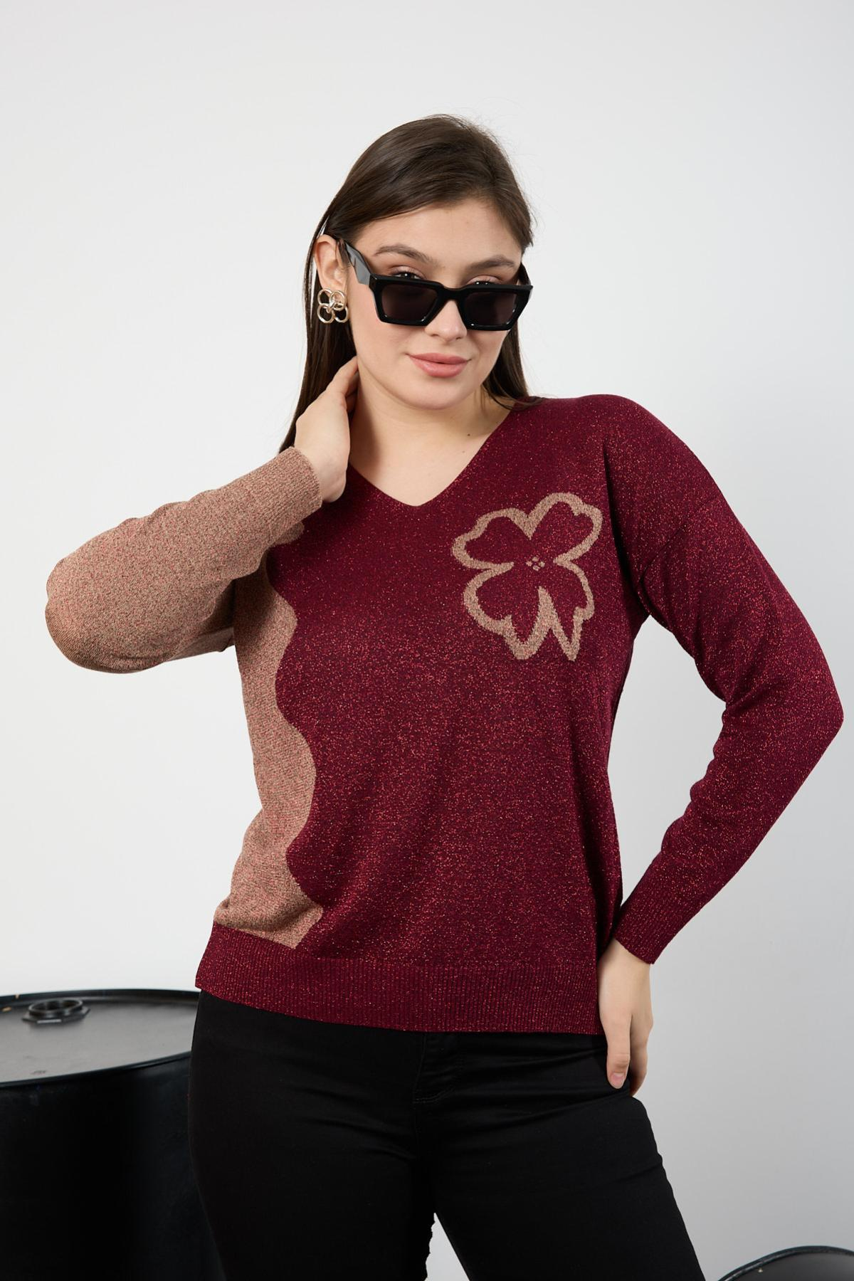 Wholesale Women Burgundy Two Tone Glittery V-Neck Knit Blouse 725242