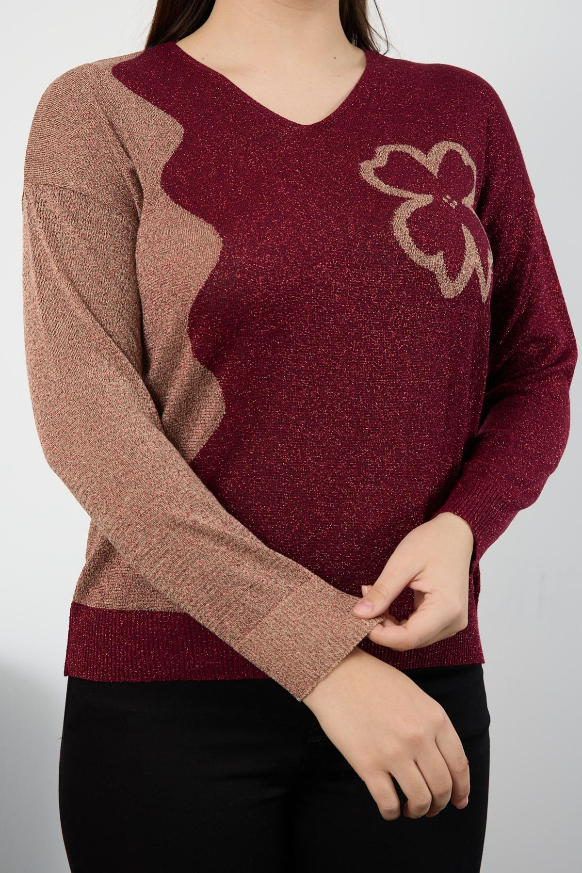 Wholesale Women Burgundy Two Tone Glittery V-Neck Knit Blouse 725242