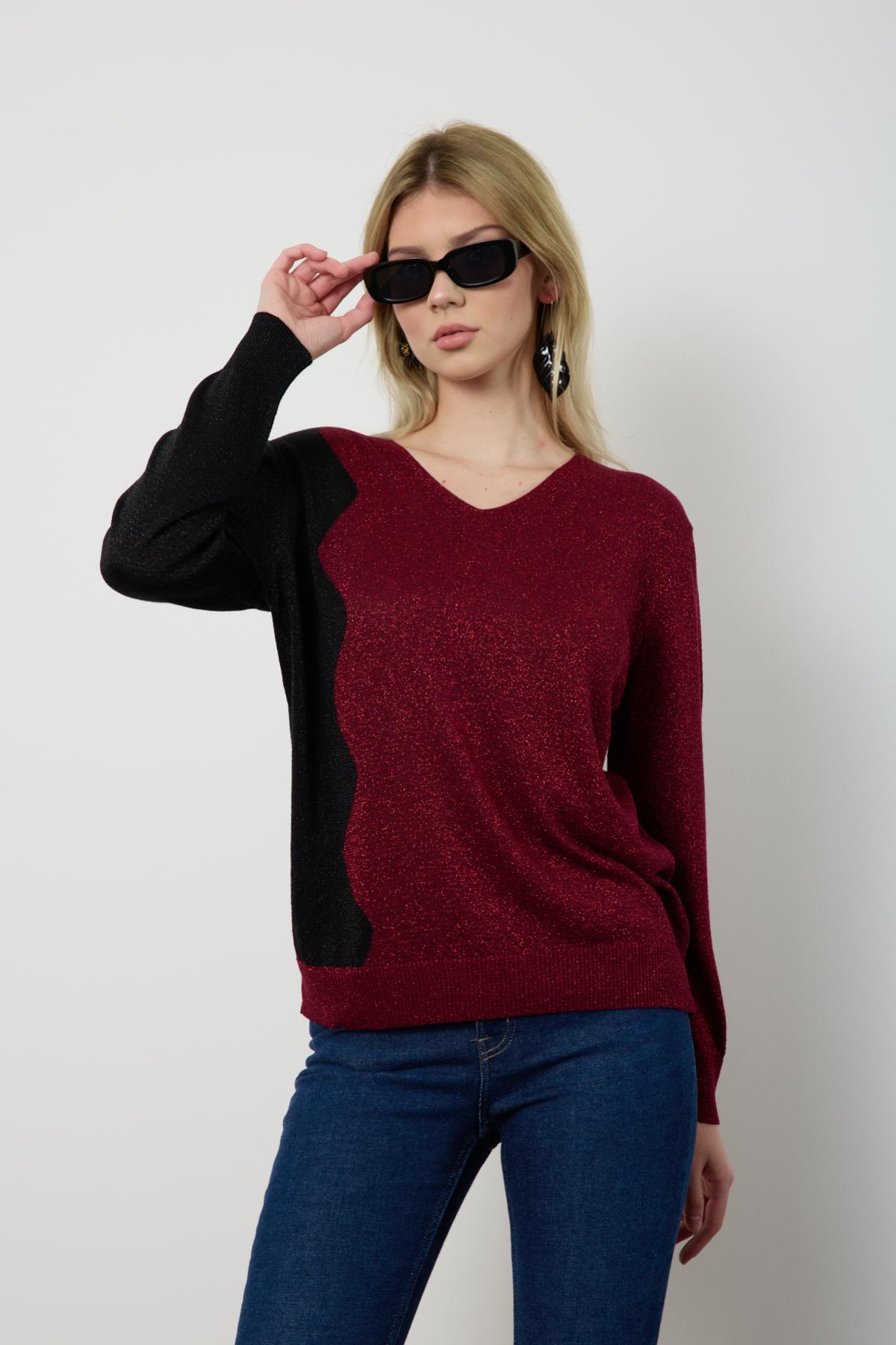 Wholesale Women Burgundy Two Tone Glittery V-Neck Knit Blouse 724835