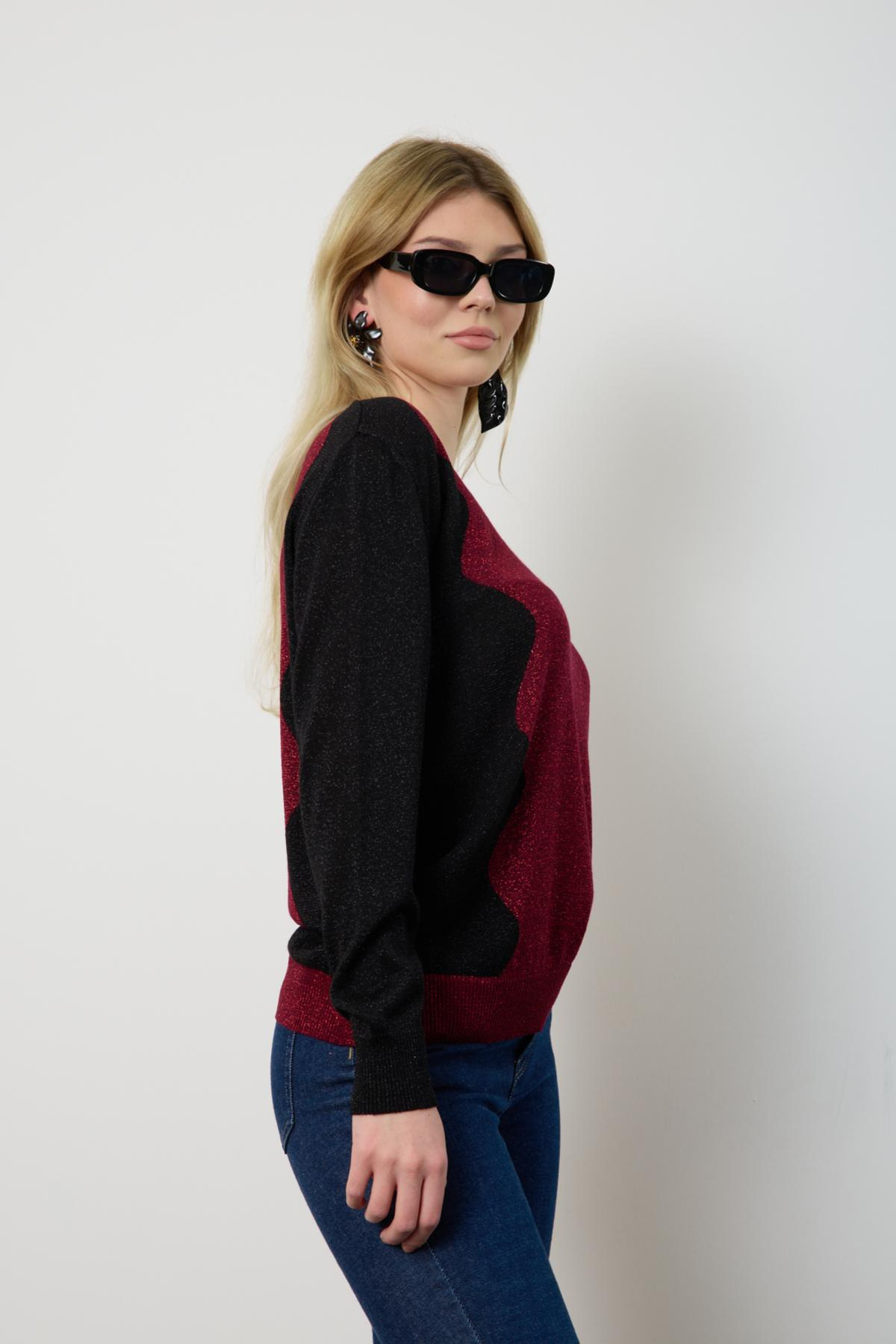 Wholesale Women Burgundy Two Tone Glittery V-Neck Knit Blouse 724835