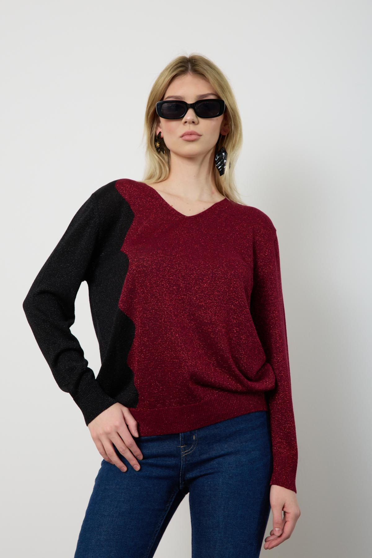 Wholesale Women Burgundy Two Tone Glittery V-Neck Knit Blouse 724835