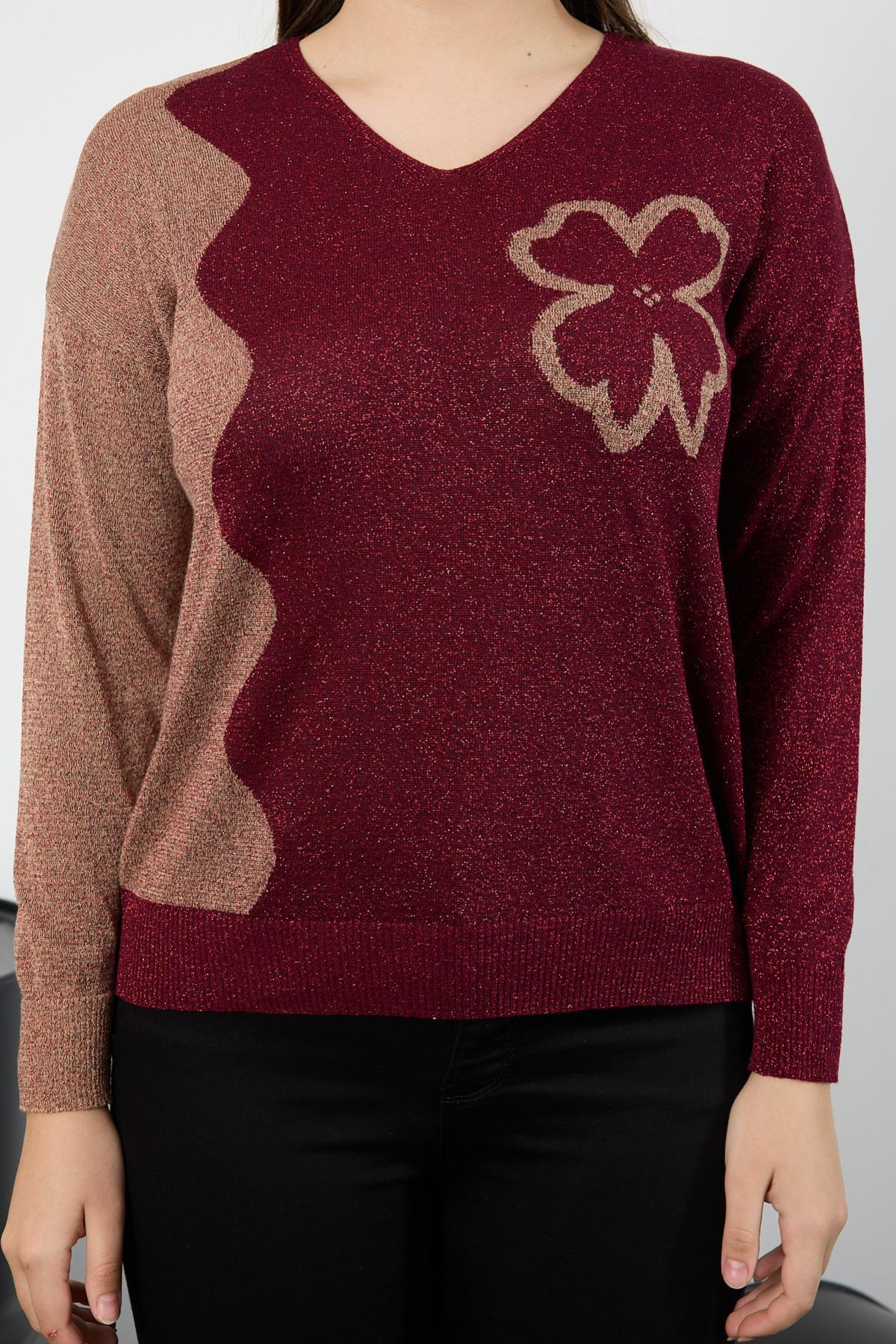 Wholesale Women Burgundy Two Tone Glittery V-Neck Knit Blouse 725242
