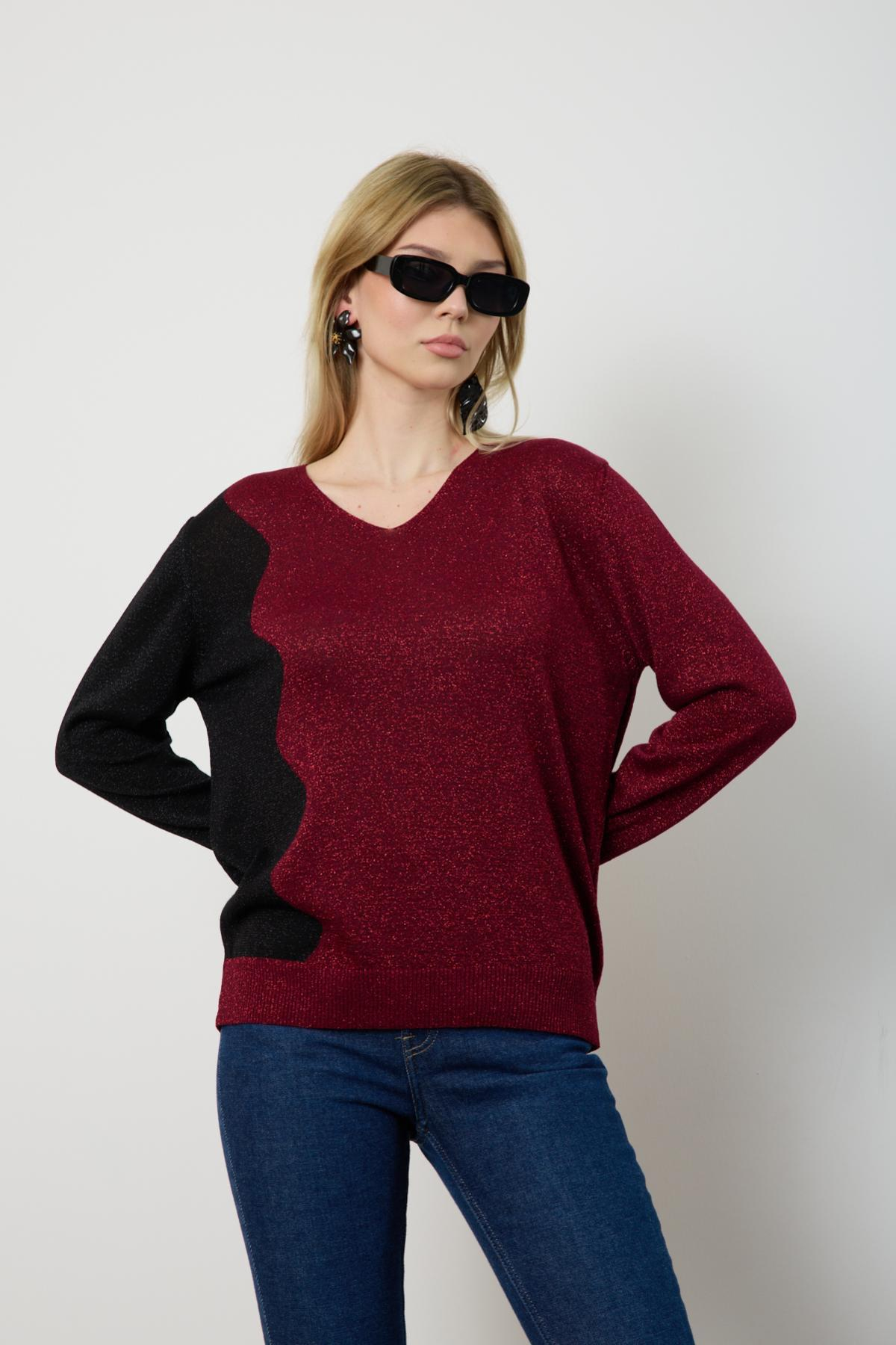 Wholesale Women Burgundy Two Tone Glittery V-Neck Knit Blouse 724835