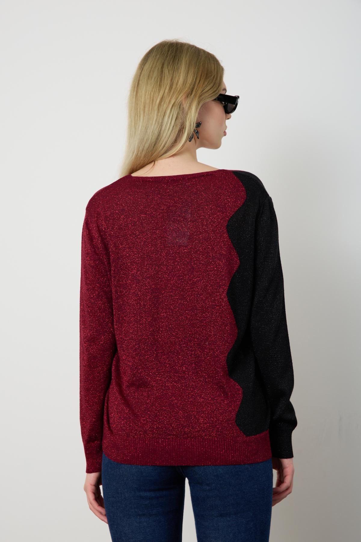 Wholesale Women Burgundy Two Tone Glittery V-Neck Knit Blouse 724835
