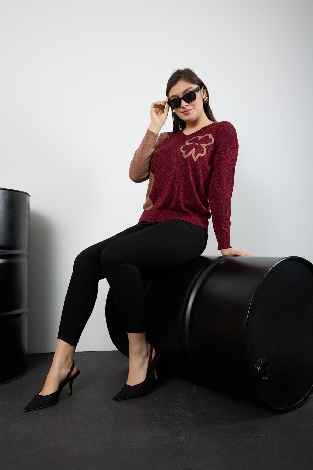 Wholesale Women Burgundy Two Tone Glittery V-Neck Knit Blouse 725242
