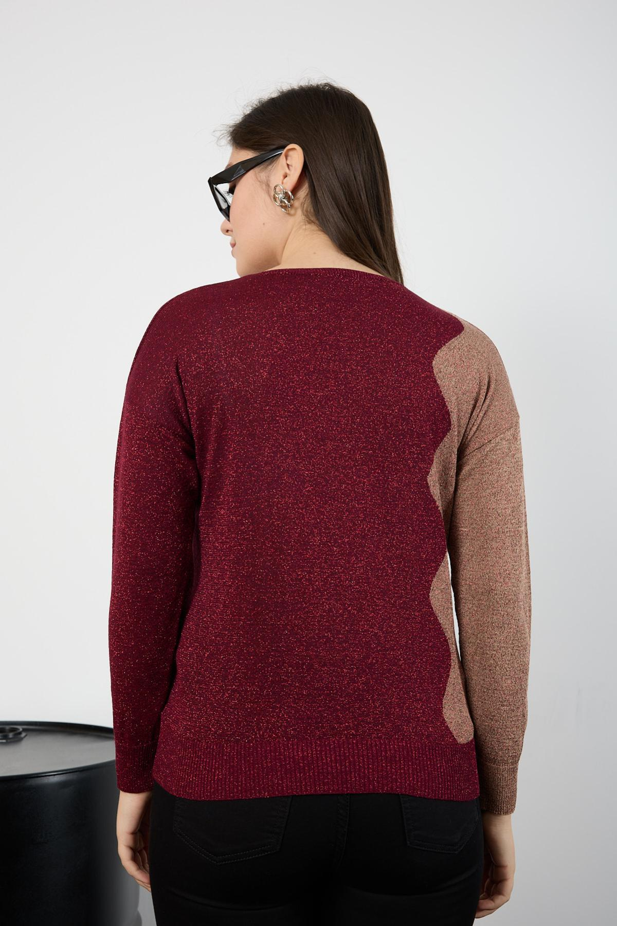 Wholesale Women Burgundy Two Tone Glittery V-Neck Knit Blouse 725242