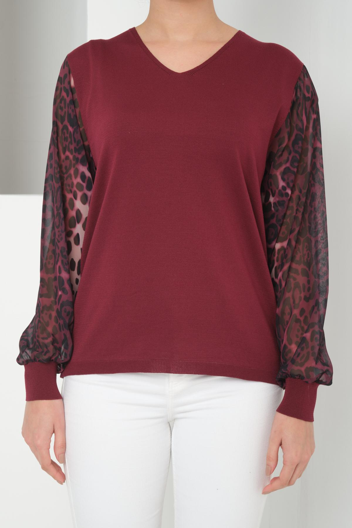 Wholesale Women Burgundy V Neck Knit Blouse with Chiffon Sleeves 724783