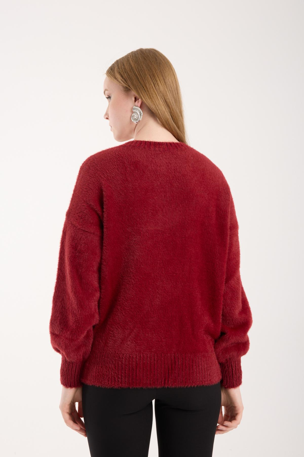 Wholesale Women Burgundy V-Neck Knit Blouse with Rhinestone and Pearl Embellishments 738881