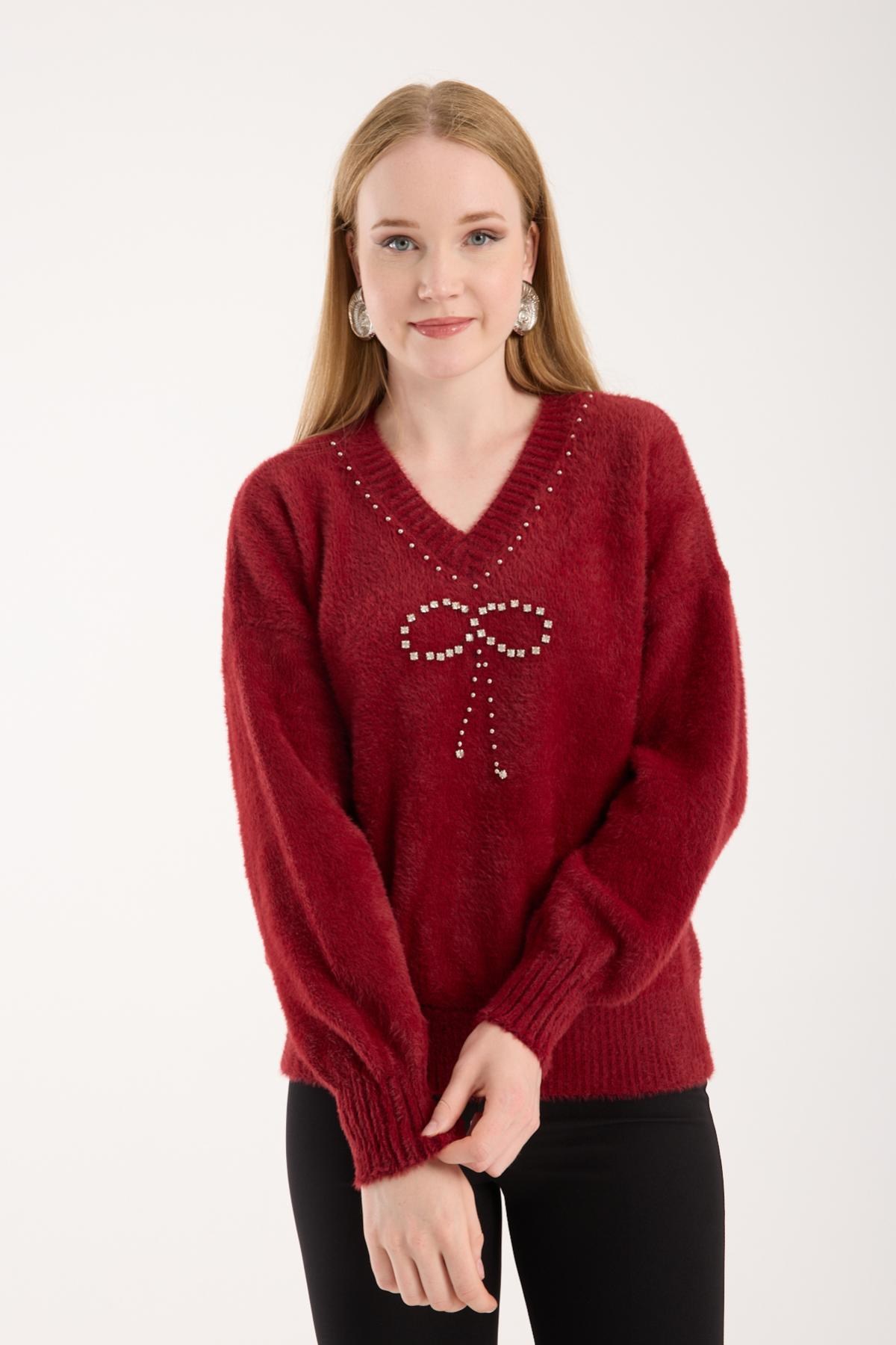 Wholesale Women Burgundy V-Neck Knit Blouse with Rhinestone and Pearl Embellishments 738881