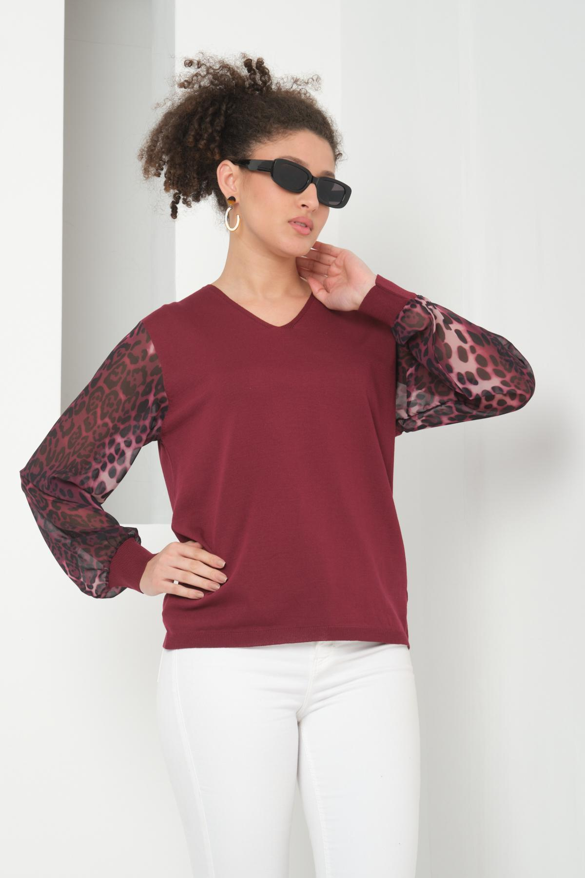Wholesale Women Burgundy V Neck Knit Blouse with Chiffon Sleeves 724783