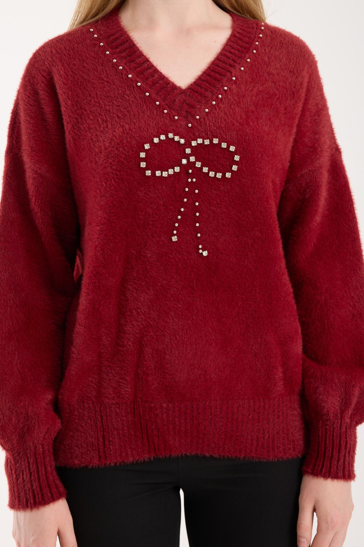 Wholesale Women Burgundy V-Neck Knit Blouse with Rhinestone and Pearl Embellishments 738881