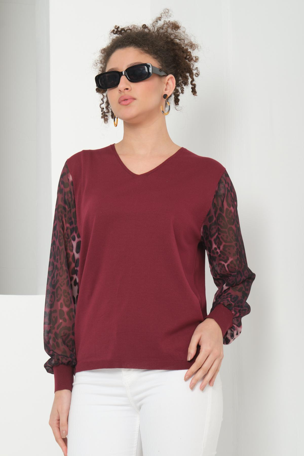 Wholesale Women Burgundy V Neck Knit Blouse with Chiffon Sleeves 724783