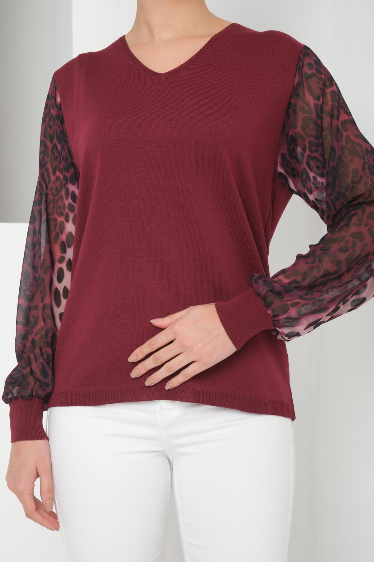Wholesale Women Burgundy V Neck Knit Blouse with Chiffon Sleeves 724783