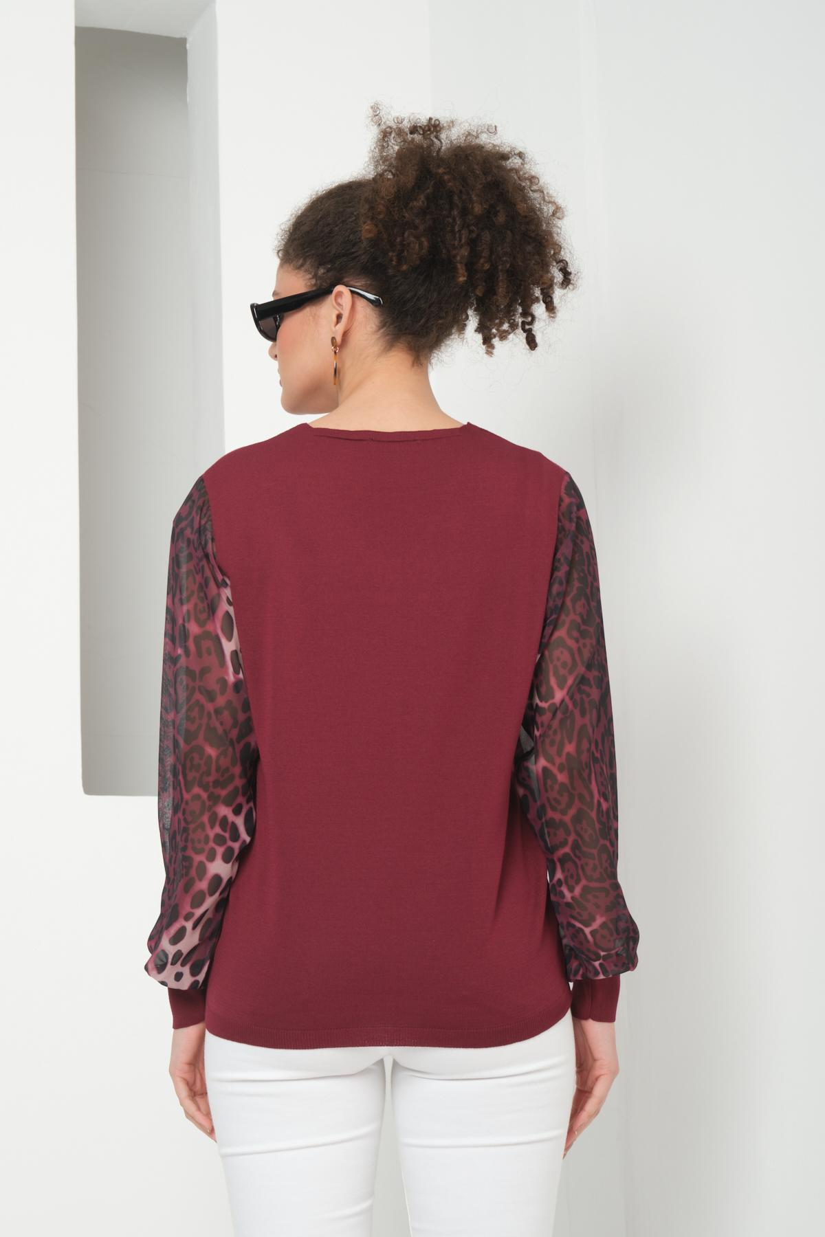 Wholesale Women Burgundy V Neck Knit Blouse with Chiffon Sleeves 724783