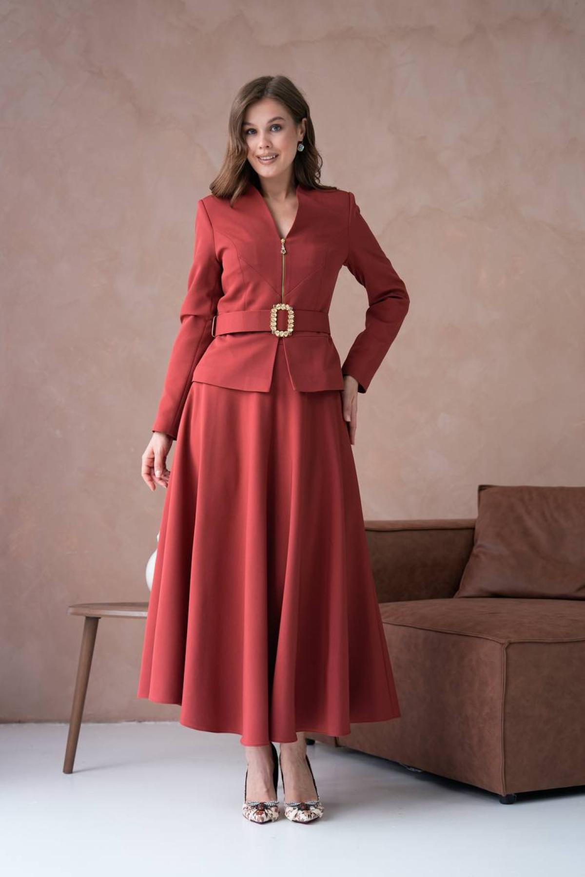 Wholesale Women Chestnut Two Piece Suit Plus Size - Blazer and Skirt Set 721251