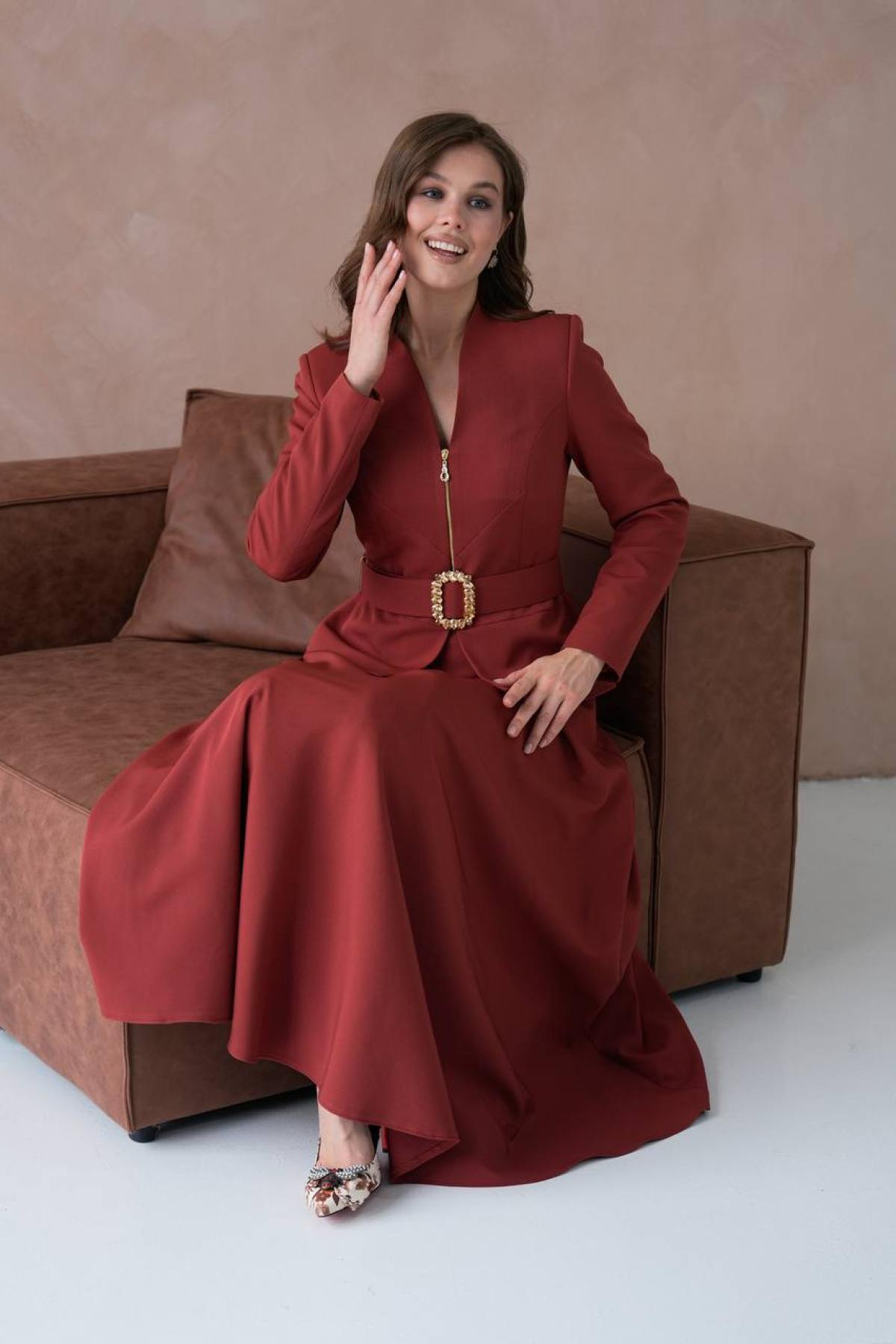 Wholesale Women Chestnut Two Piece Suit Plus Size - Blazer and Skirt Set 721251