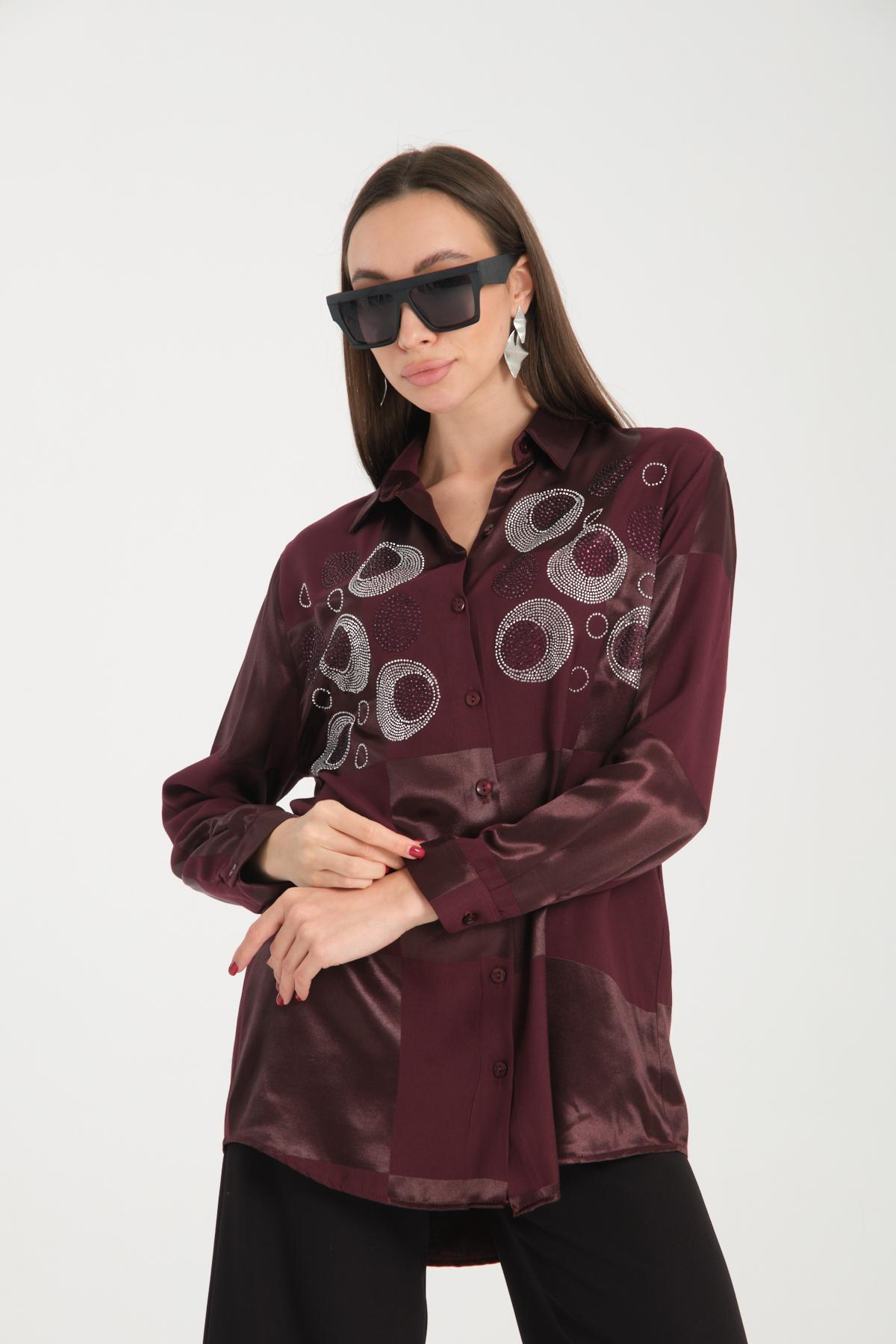 Wholesale Women Chocolate Brown Rhinestones Satin Shirt 717131
