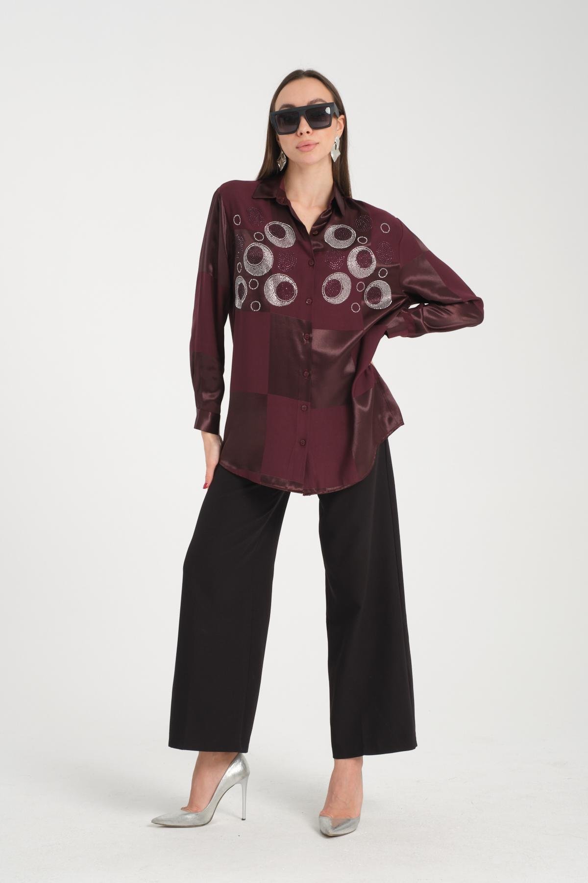 Wholesale Women Chocolate Brown Rhinestones Satin Shirt 717131