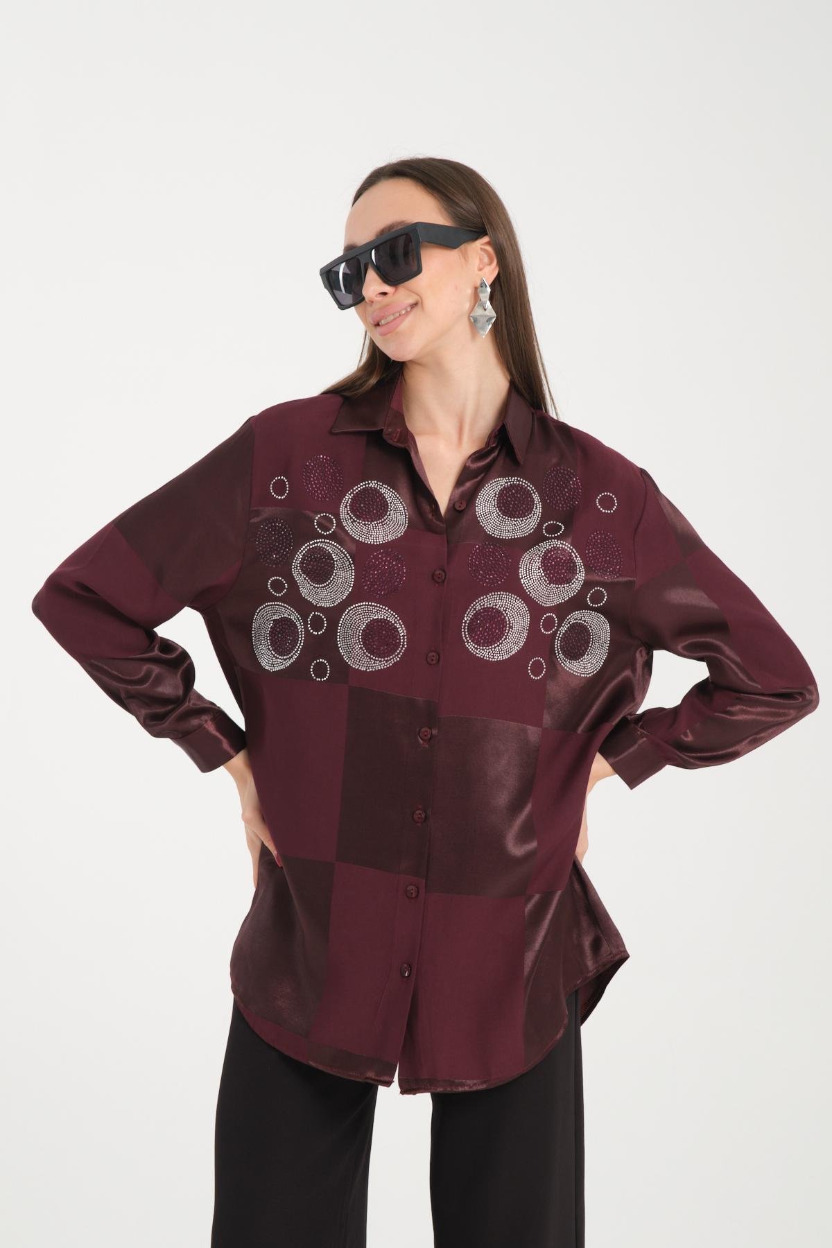Wholesale Women Chocolate Brown Rhinestones Satin Shirt 717131