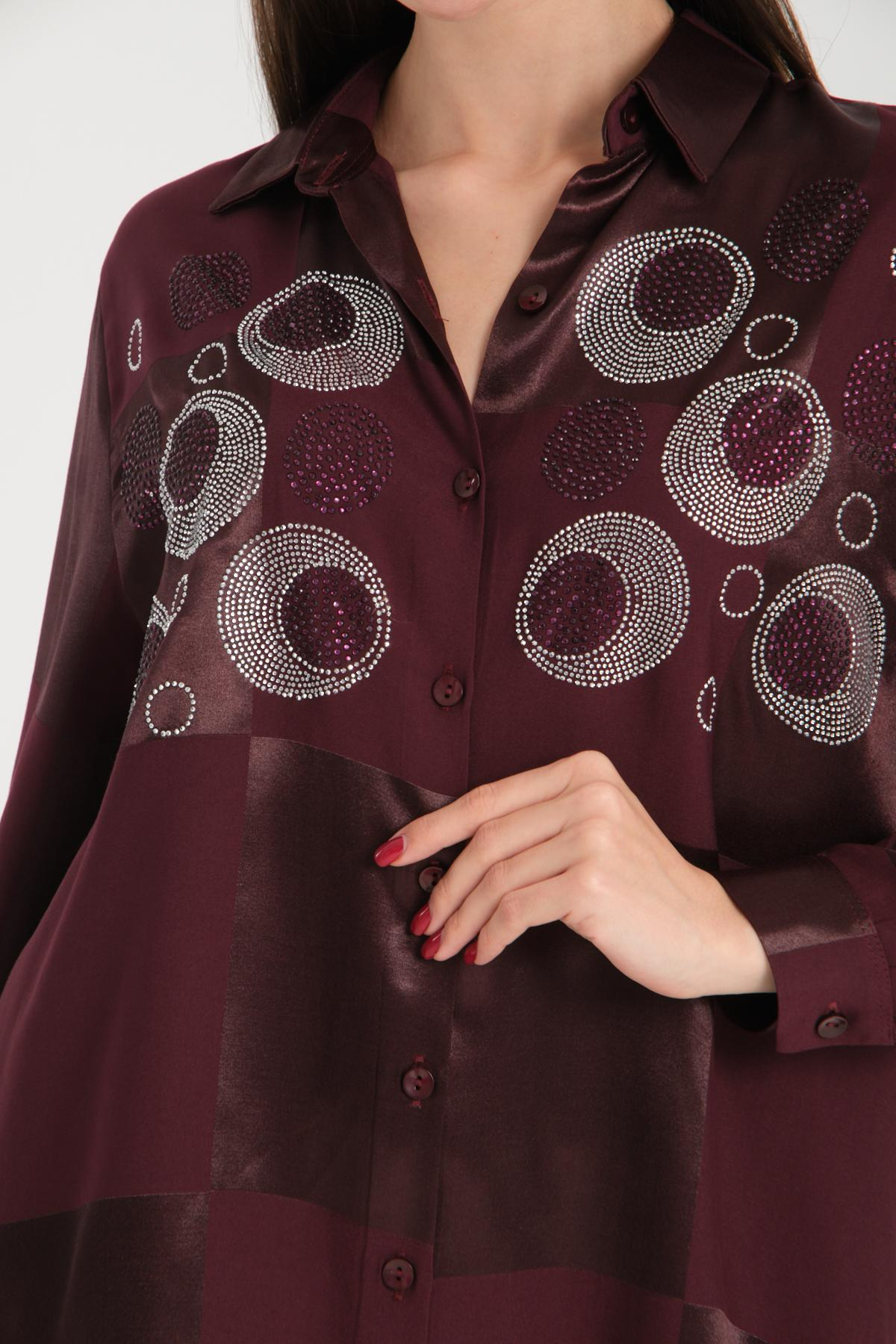 Wholesale Women Chocolate Brown Rhinestones Satin Shirt 717131