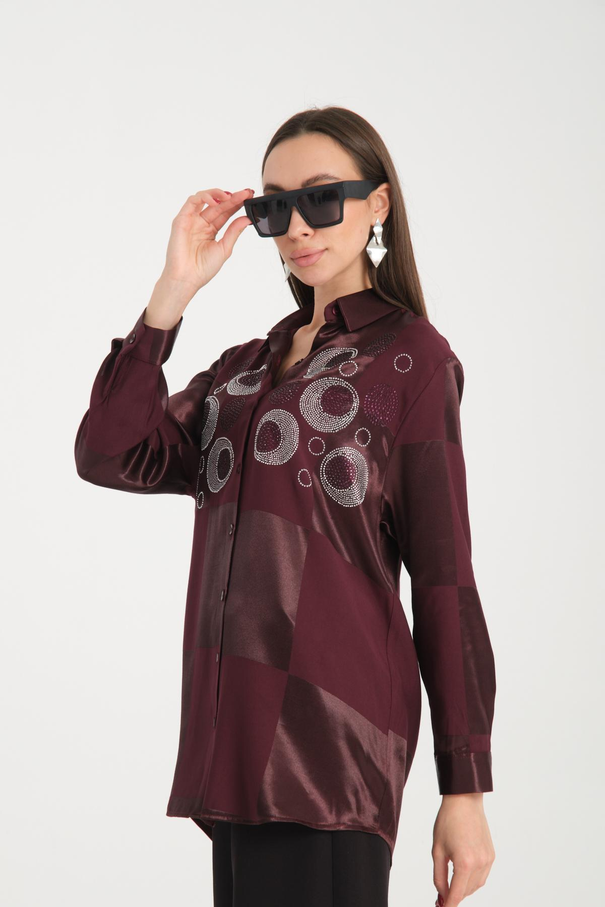 Wholesale Women Chocolate Brown Rhinestones Satin Shirt 717131