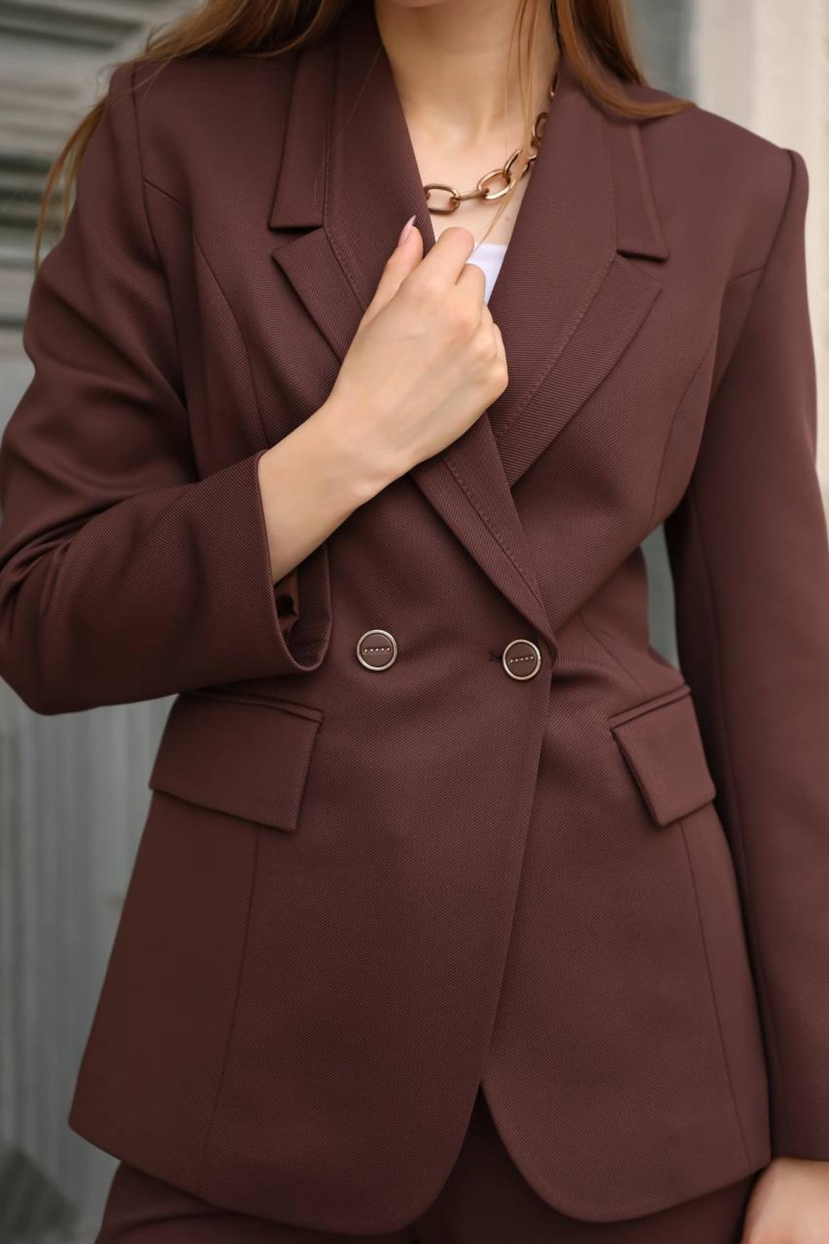 Wholesale Women Chocolate Brown Two Piece Suit Blazer and Pants Set 718315