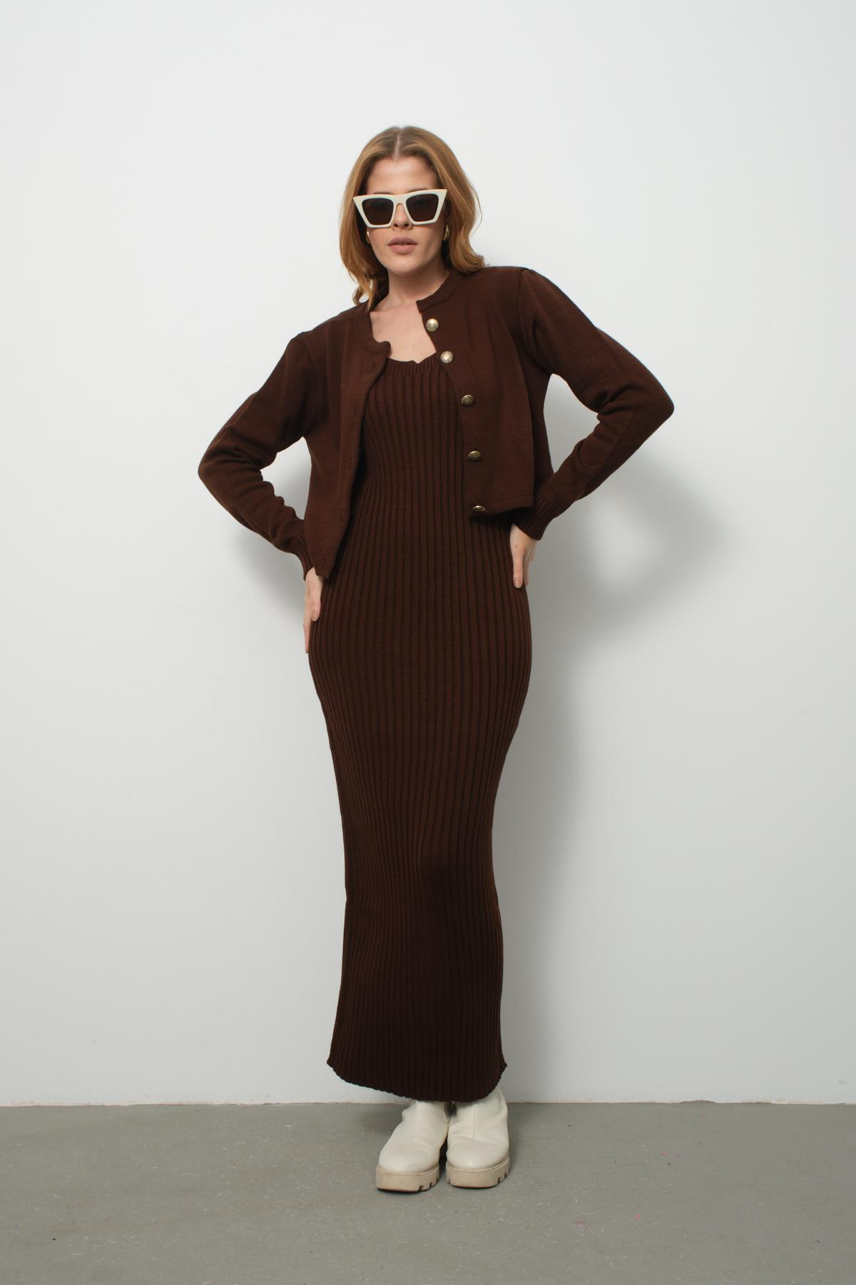 Wholesale Women Chocolate Knitted Dress and Cardigan Set 713311