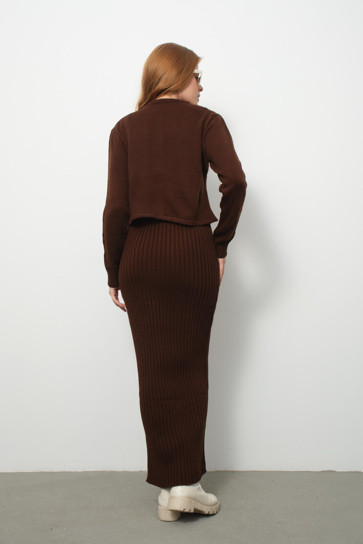 Wholesale Women Chocolate Knitted Dress and Cardigan Set 713311