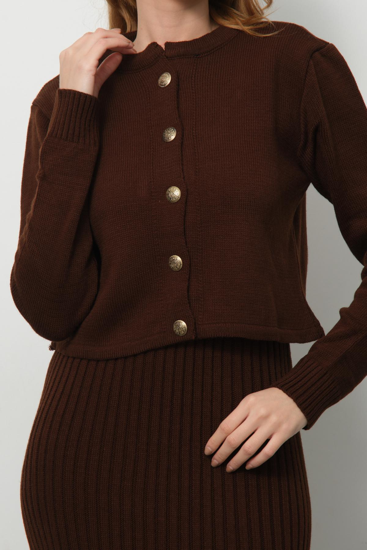 Wholesale Women Chocolate Knitted Dress and Cardigan Set 713311