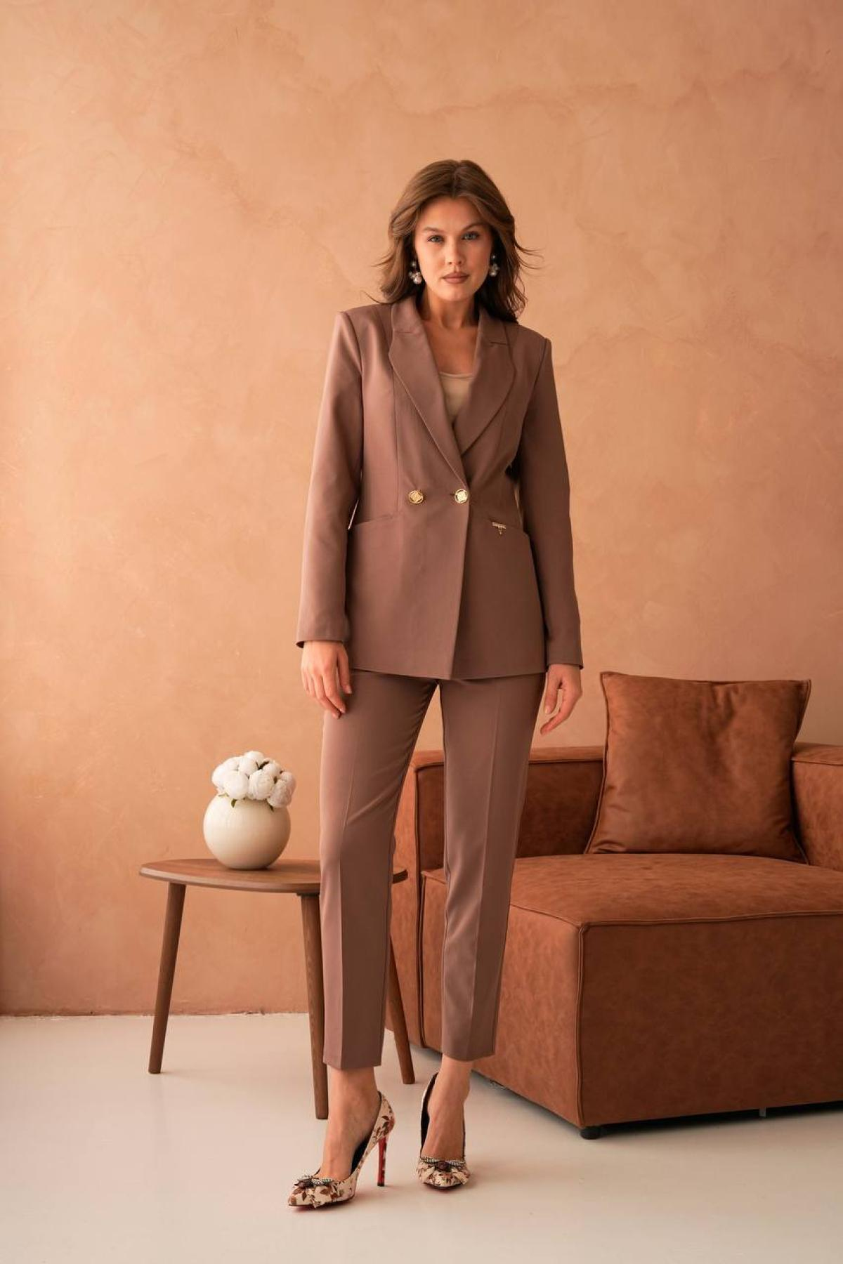 Wholesale Women Coffee Brown Two Piece Suit - Blazer and Pants Set 733581