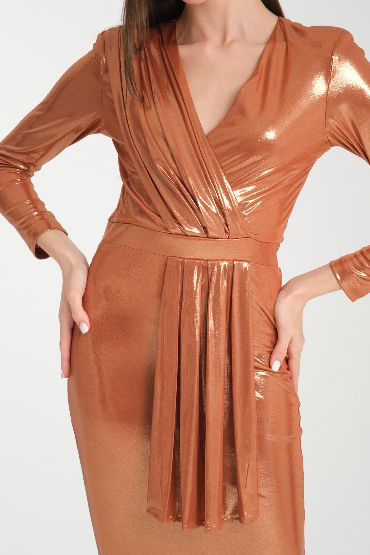 Wholesale Women Copper Gold Gathered Shoulder V Neck Metallic Effect Dress 719925