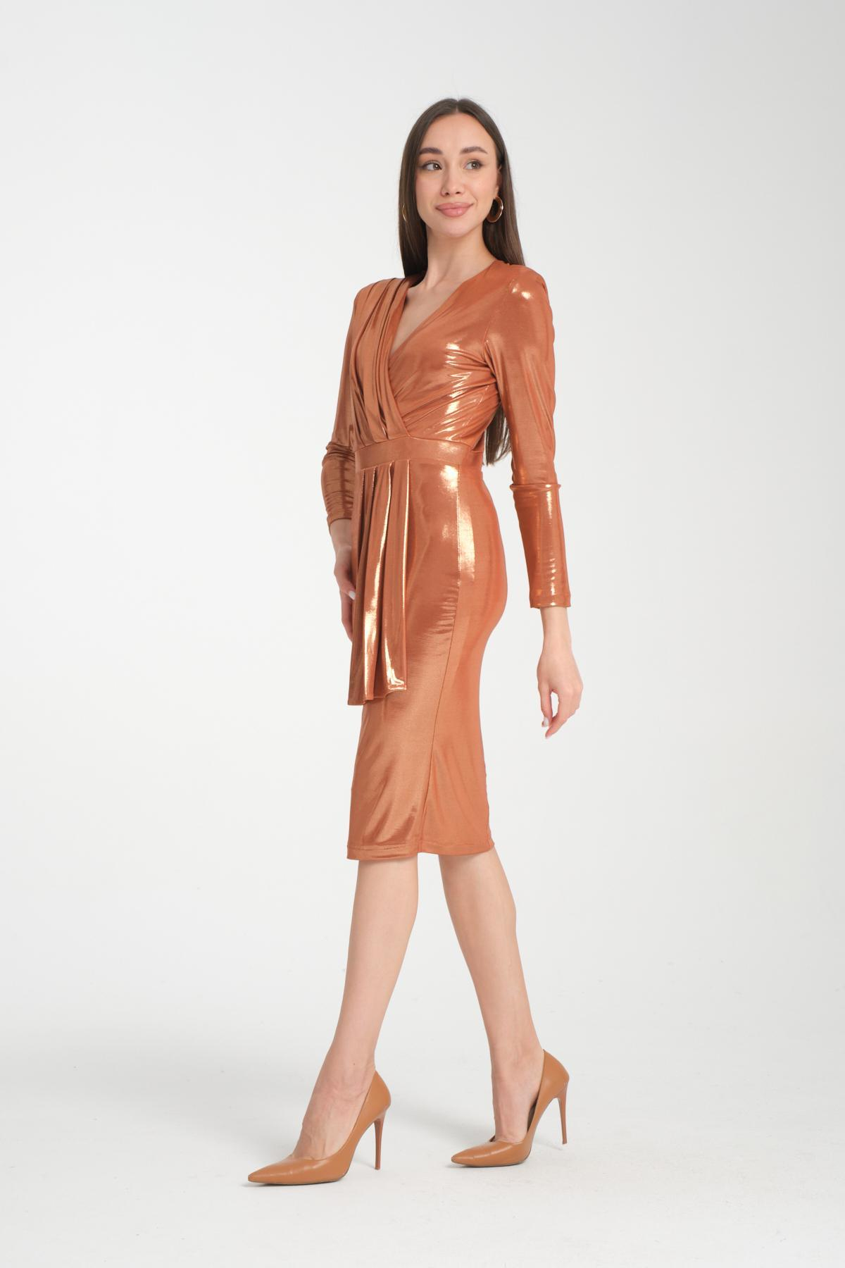 Wholesale Women Copper Gold Gathered Shoulder V Neck Metallic Effect Dress 719925