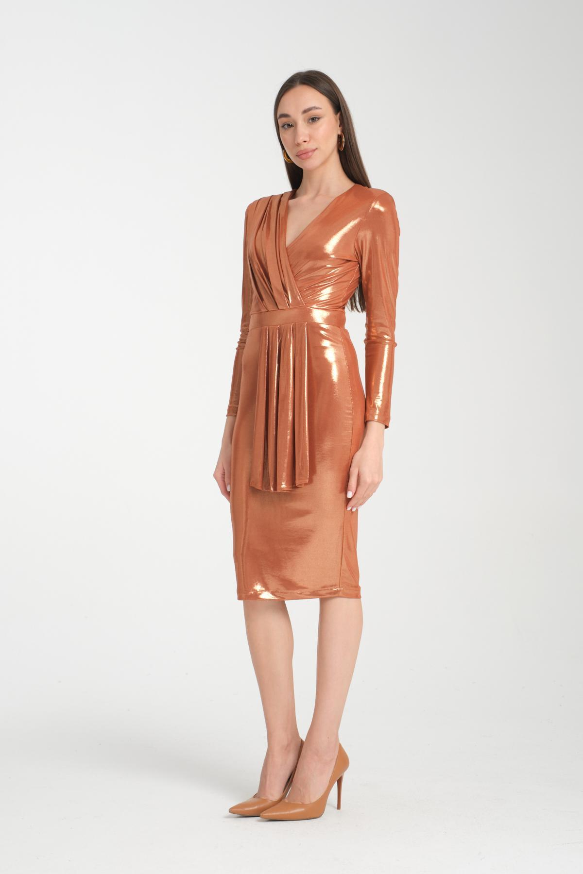 Wholesale Women Copper Gold Gathered Shoulder V Neck Metallic Effect Dress 719925