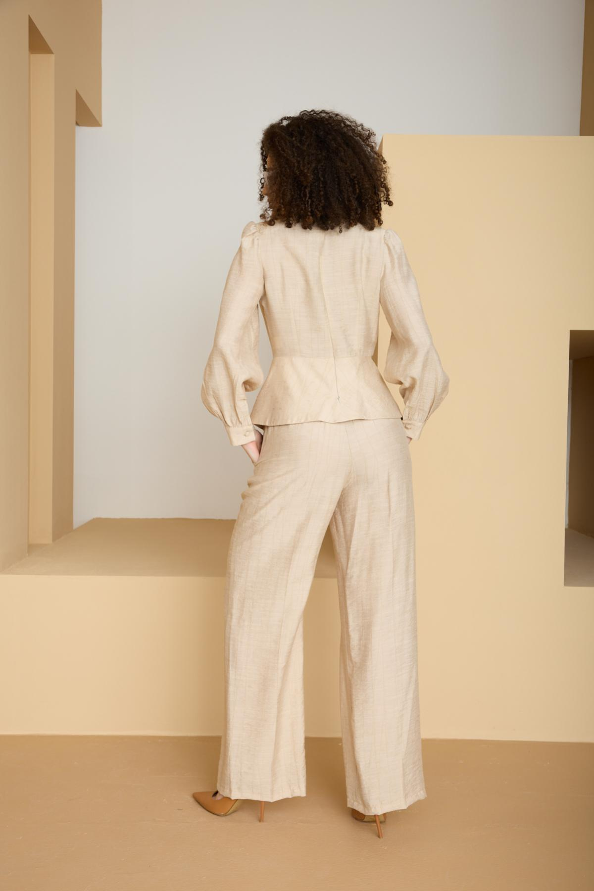 Wholesale Women Cream Two Piece Suit - Wrap Blazer with Bishop Sleeves and Wide-Leg Pants Set 729227