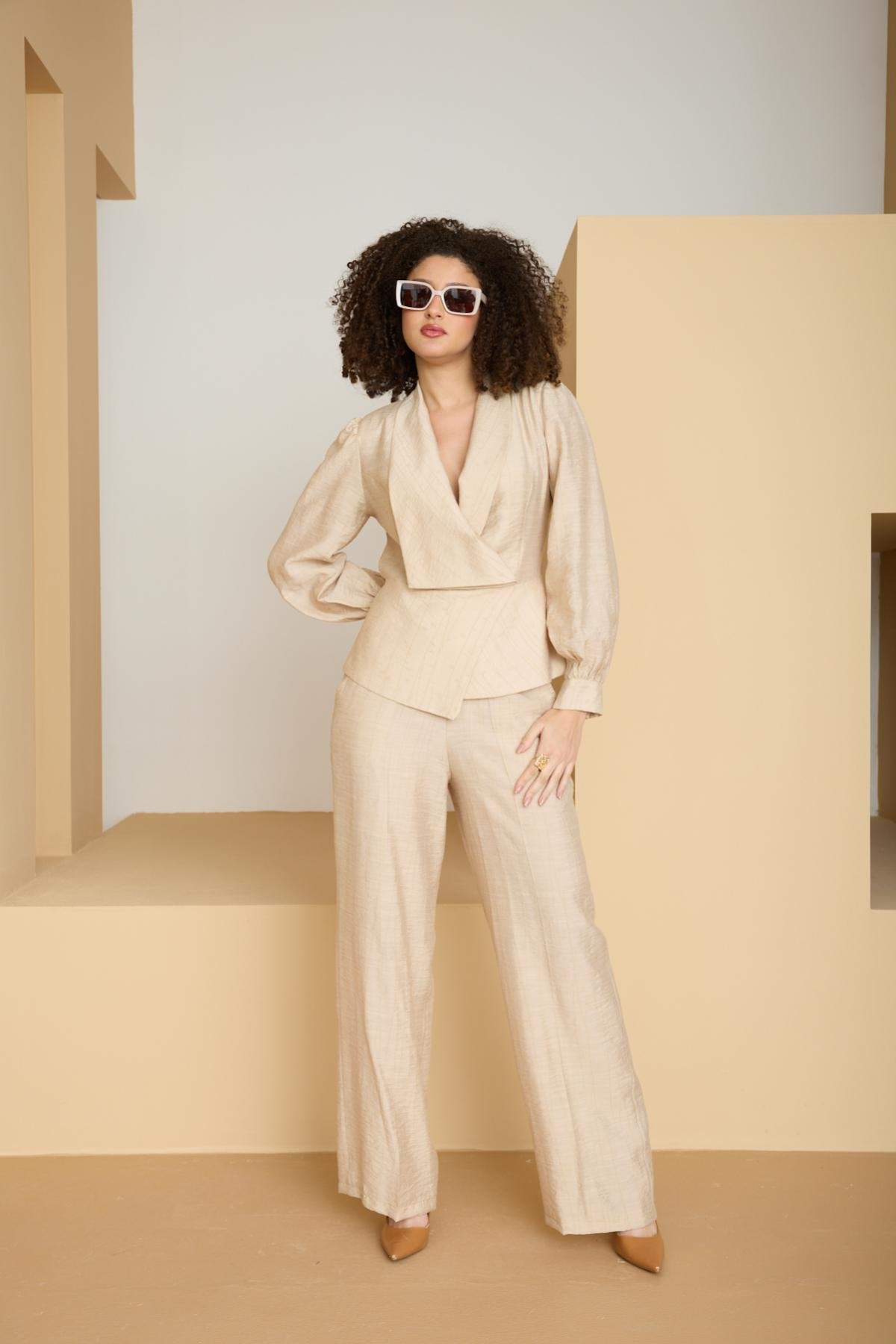 Wholesale Women Cream Two Piece Suit - Wrap Blazer with Bishop Sleeves and Wide-Leg Pants Set 729227