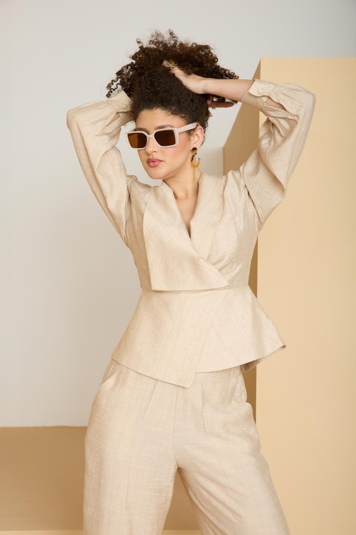 Wholesale Women Cream Two Piece Suit - Wrap Blazer with Bishop Sleeves and Wide-Leg Pants Set 729227