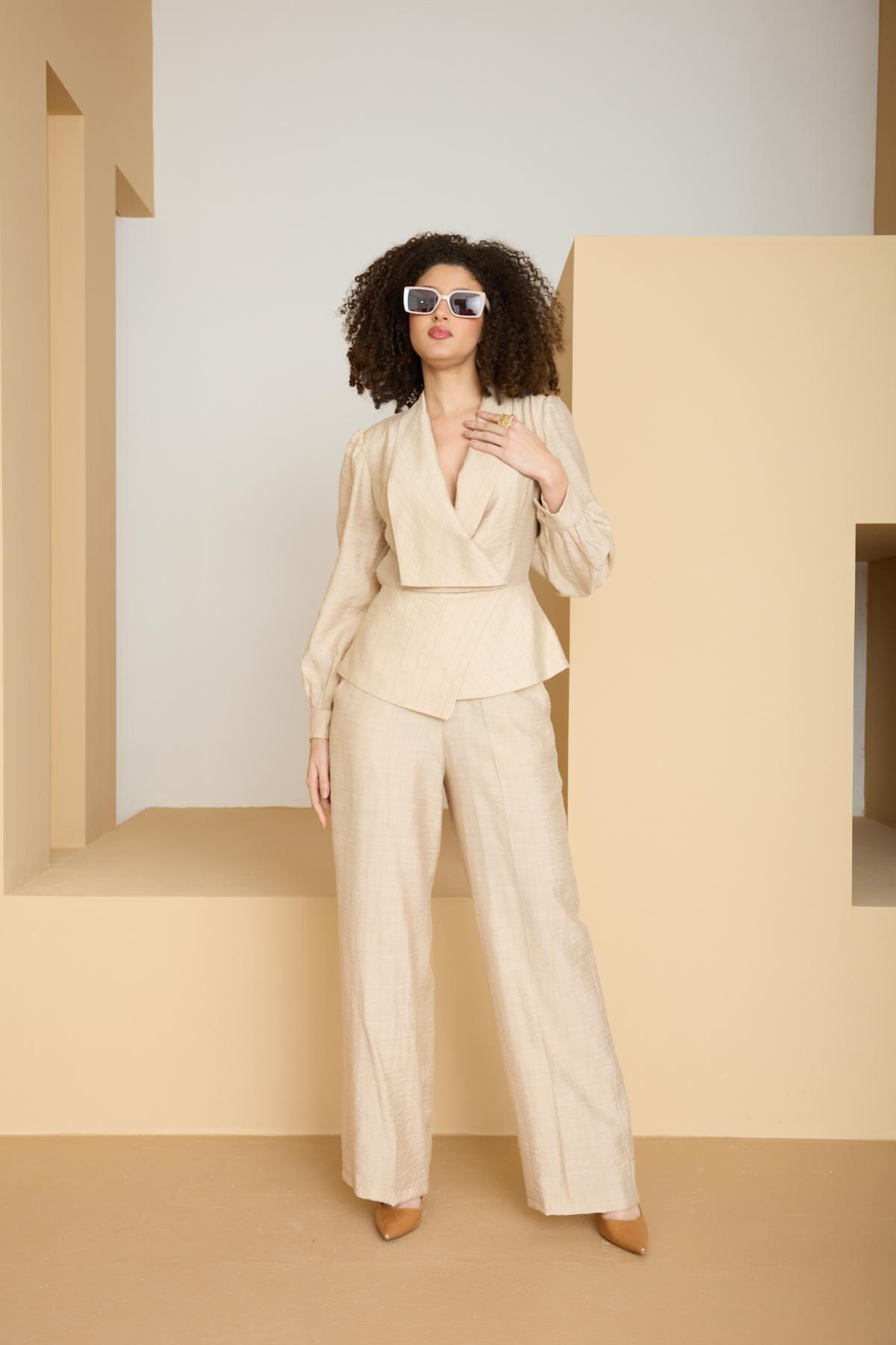Wholesale Women Cream Two Piece Suit - Wrap Blazer with Bishop Sleeves and Wide-Leg Pants Set 729227